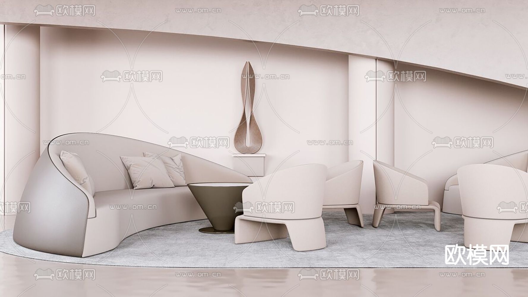 奶油风弧形办公沙发组合3d模型下载