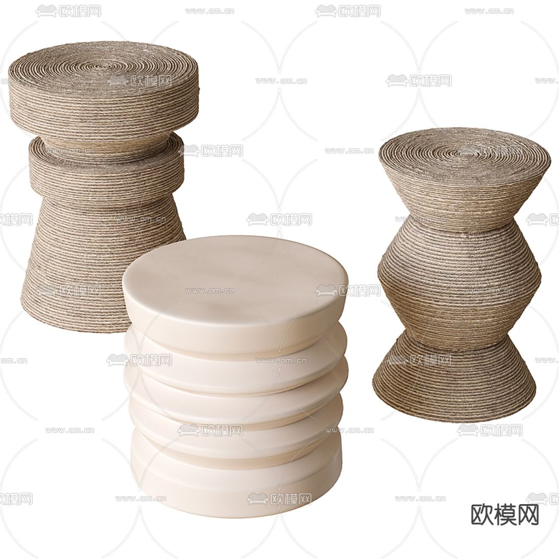 侘寂绳编圆形边几角几3d模型下载（渲染图1）