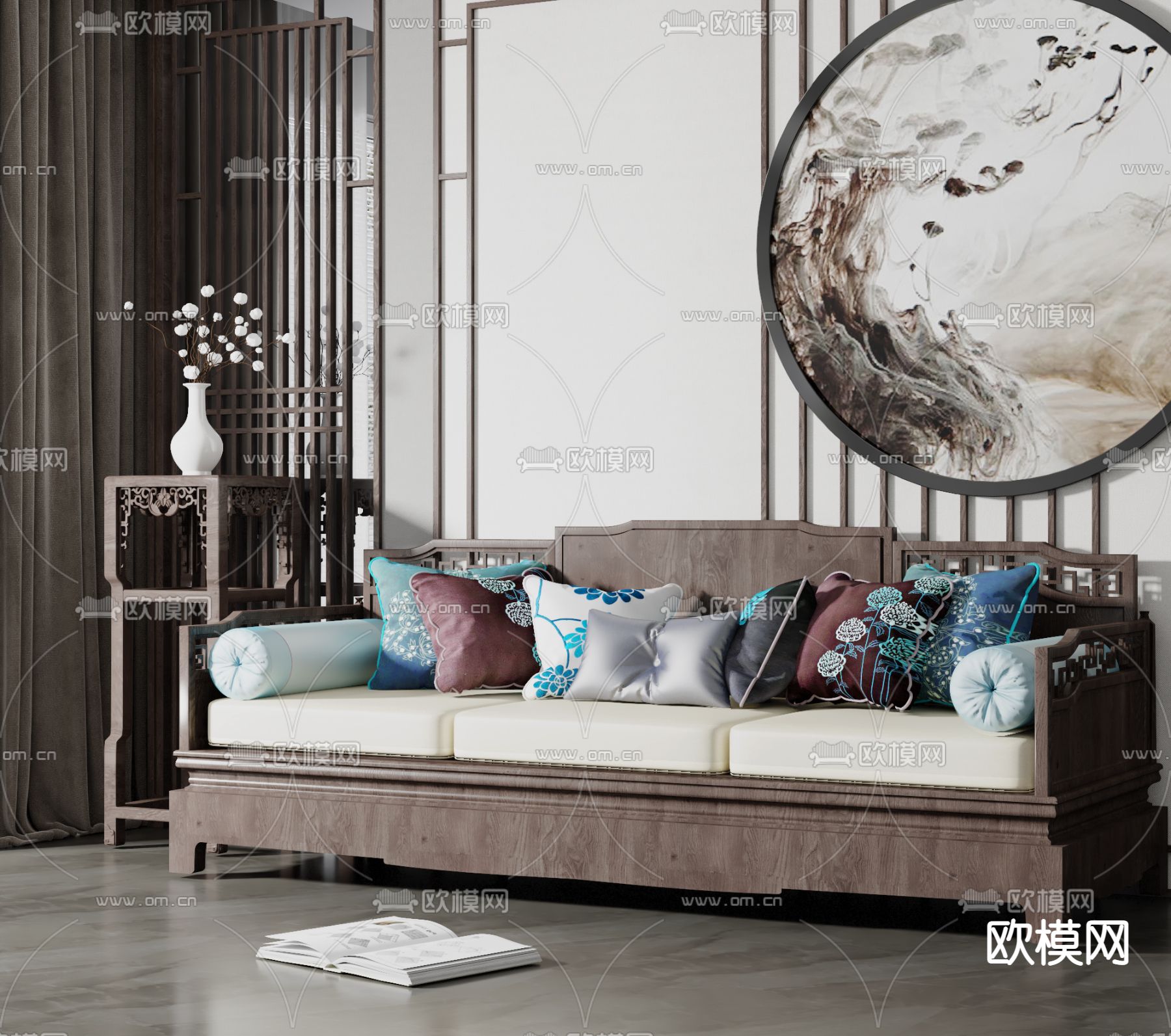 中式实木多人沙发 三人沙发3d模型下载