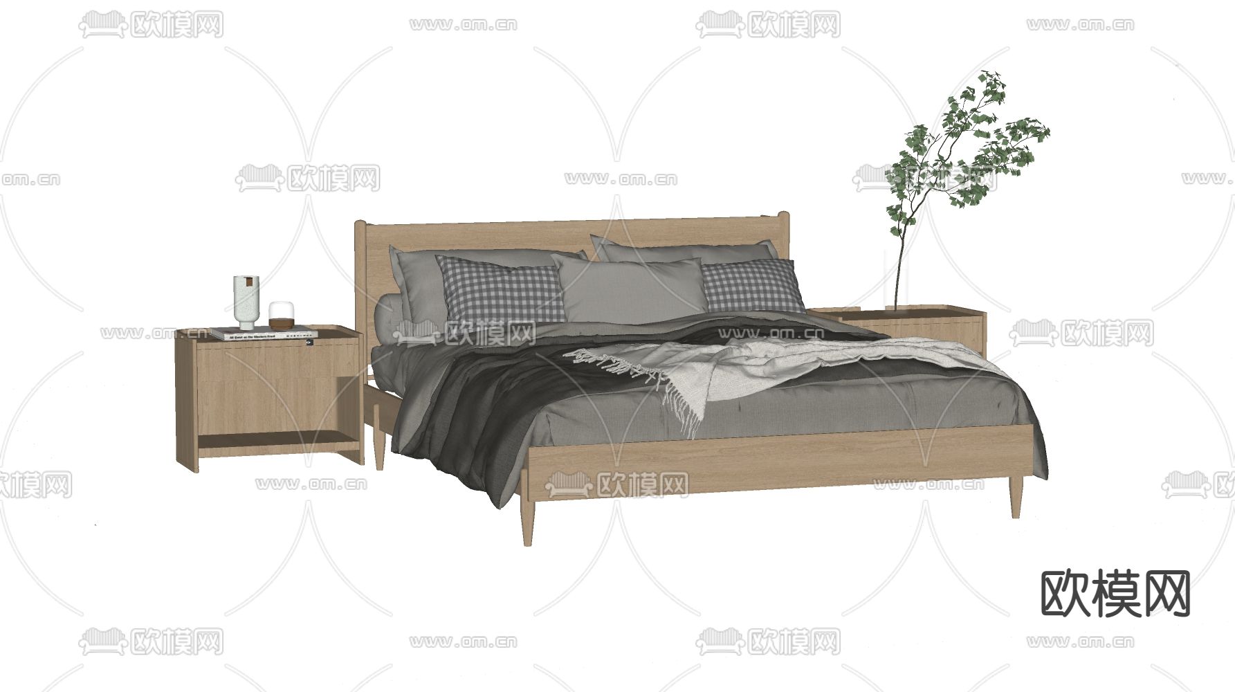 北欧实木双人床su模型下载（渲染图2）