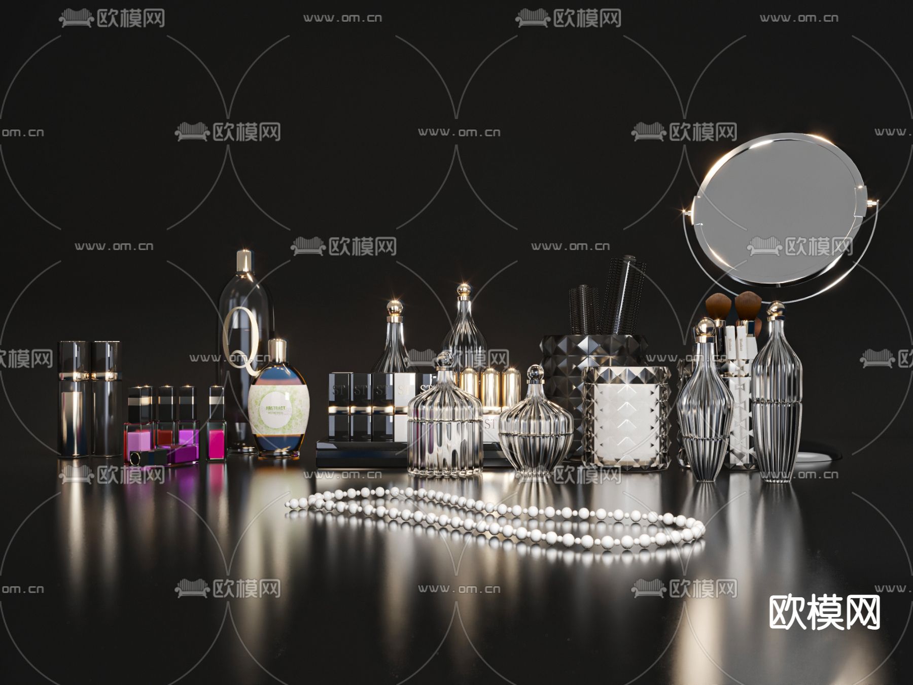 现代化妆品镜子珍珠项链3d模型下载