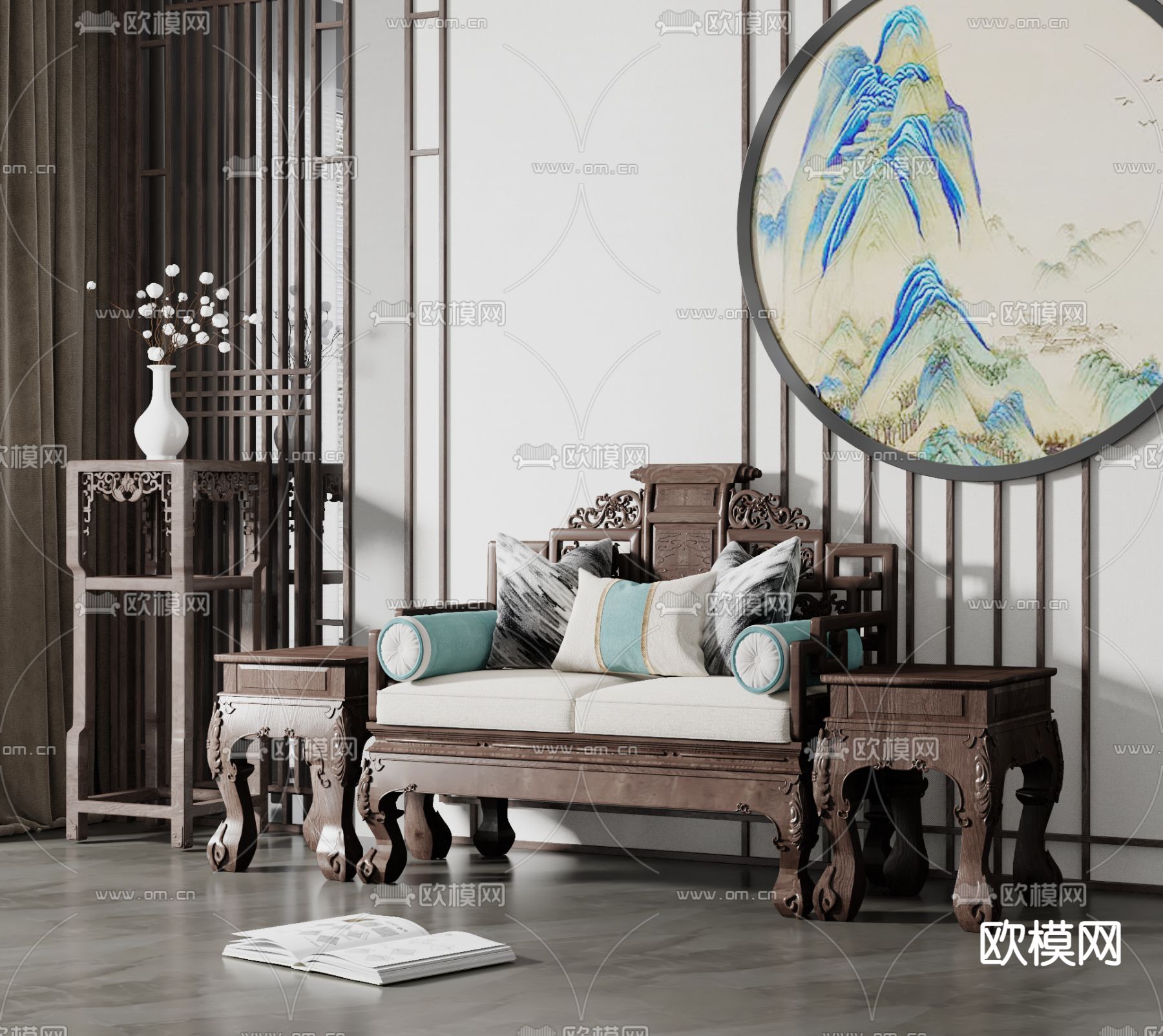 中式雕花双人沙发3d模型下载