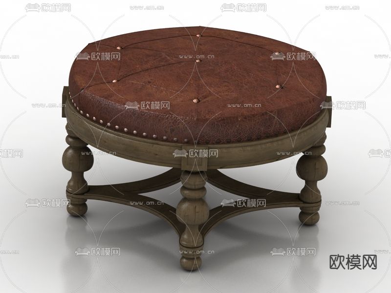 美式复古实木雕花皮革沙发凳免费3d模型下载