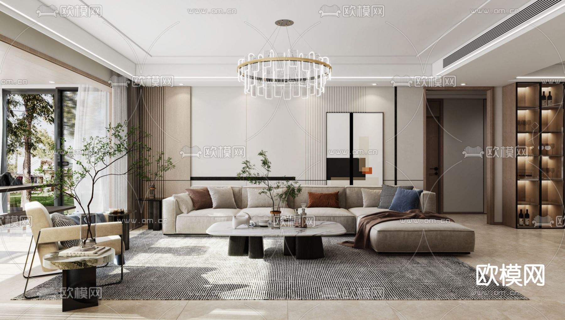 现代客厅餐厅3d模型下载（渲染图1）