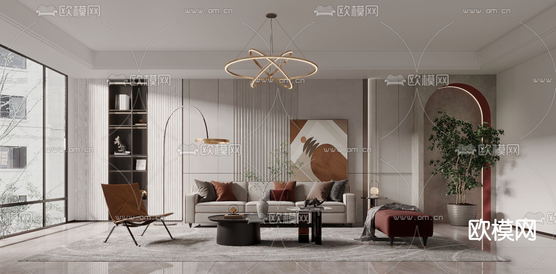 奶油风布艺沙发组合3d模型下载（渲染图1）