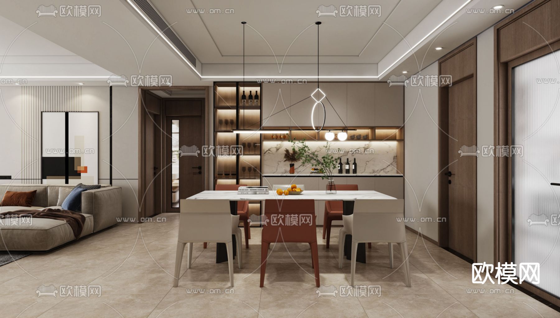 现代客厅餐厅3d模型下载（渲染图2）