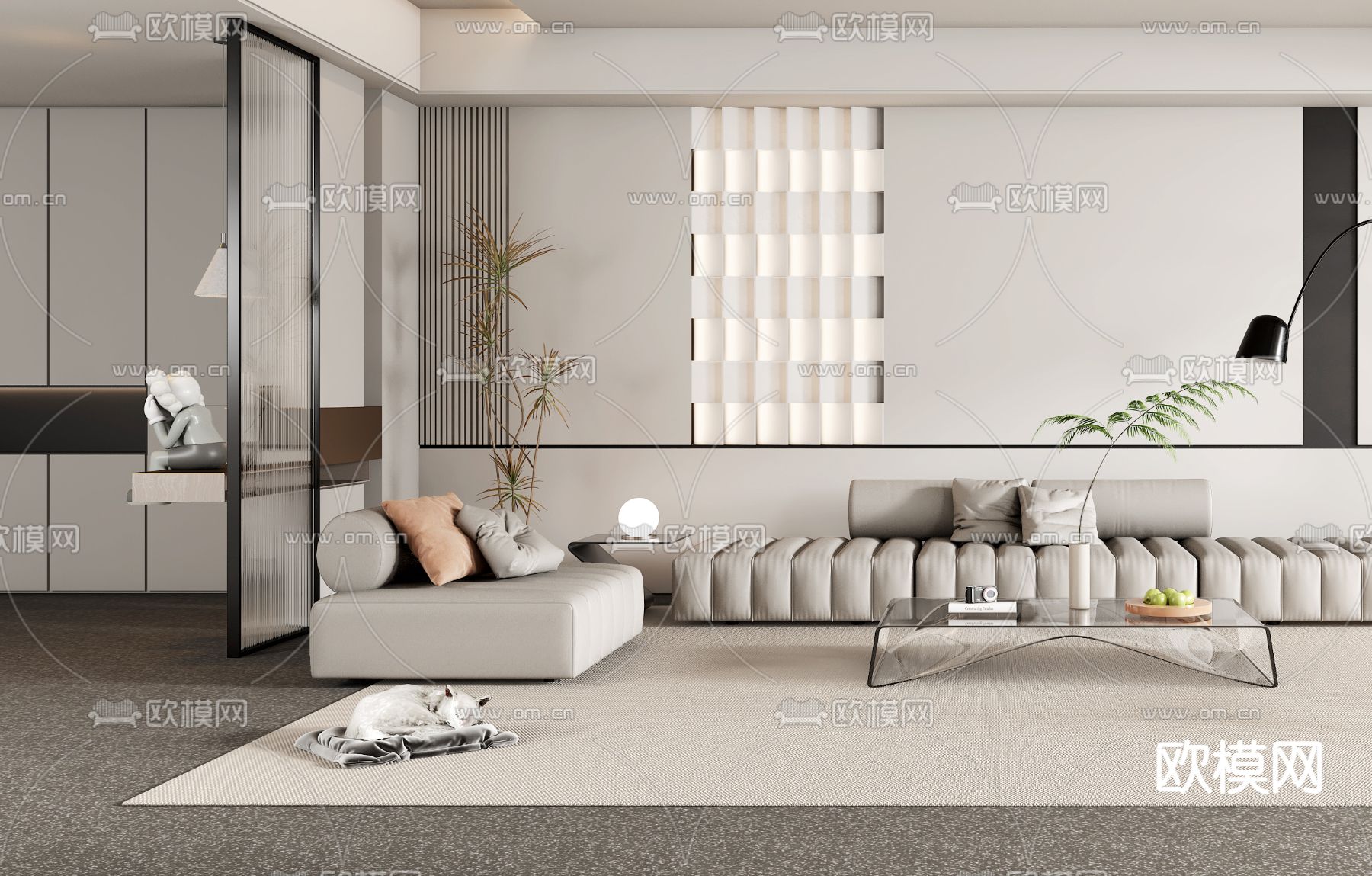 奶油风布艺沙发组合3d模型下载（渲染图2）