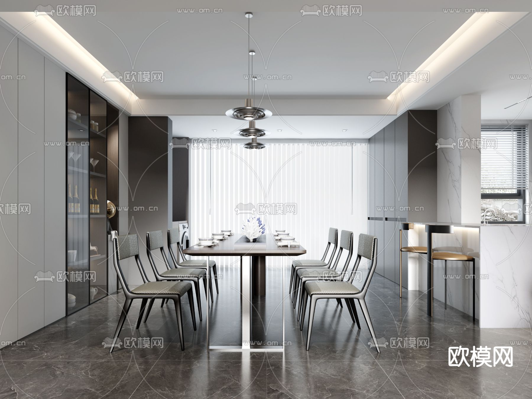 现代轻奢客厅餐厅3d模型