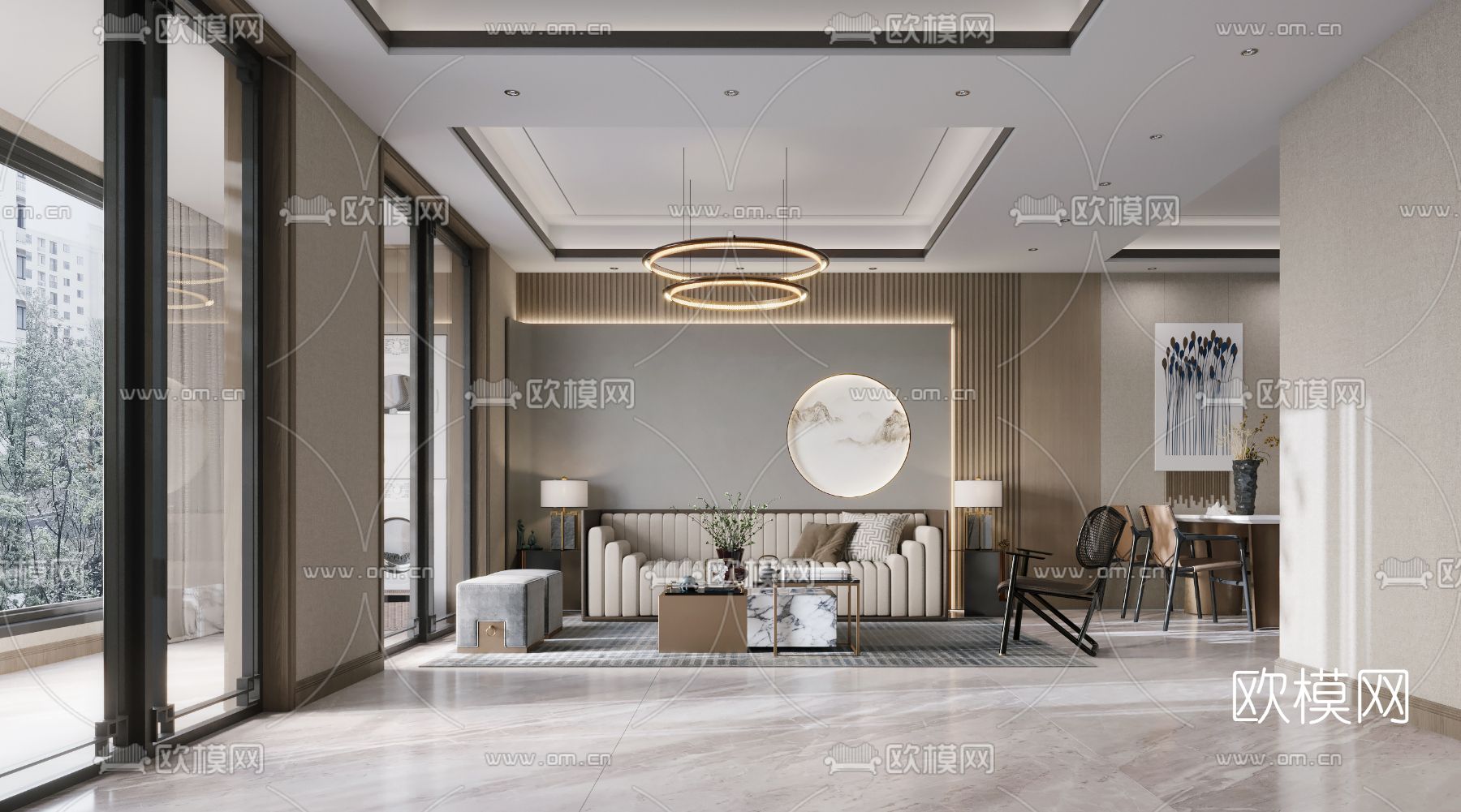 新中式客厅餐厅3d模型下载（渲染图1）