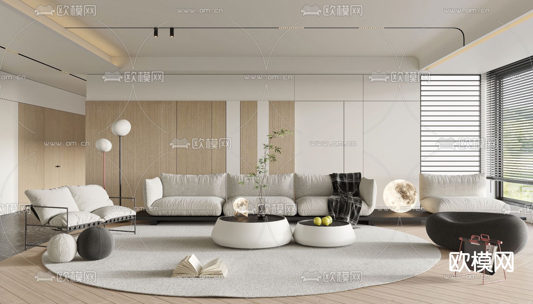 奶油风布艺沙发组合3d模型下载（渲染图1）