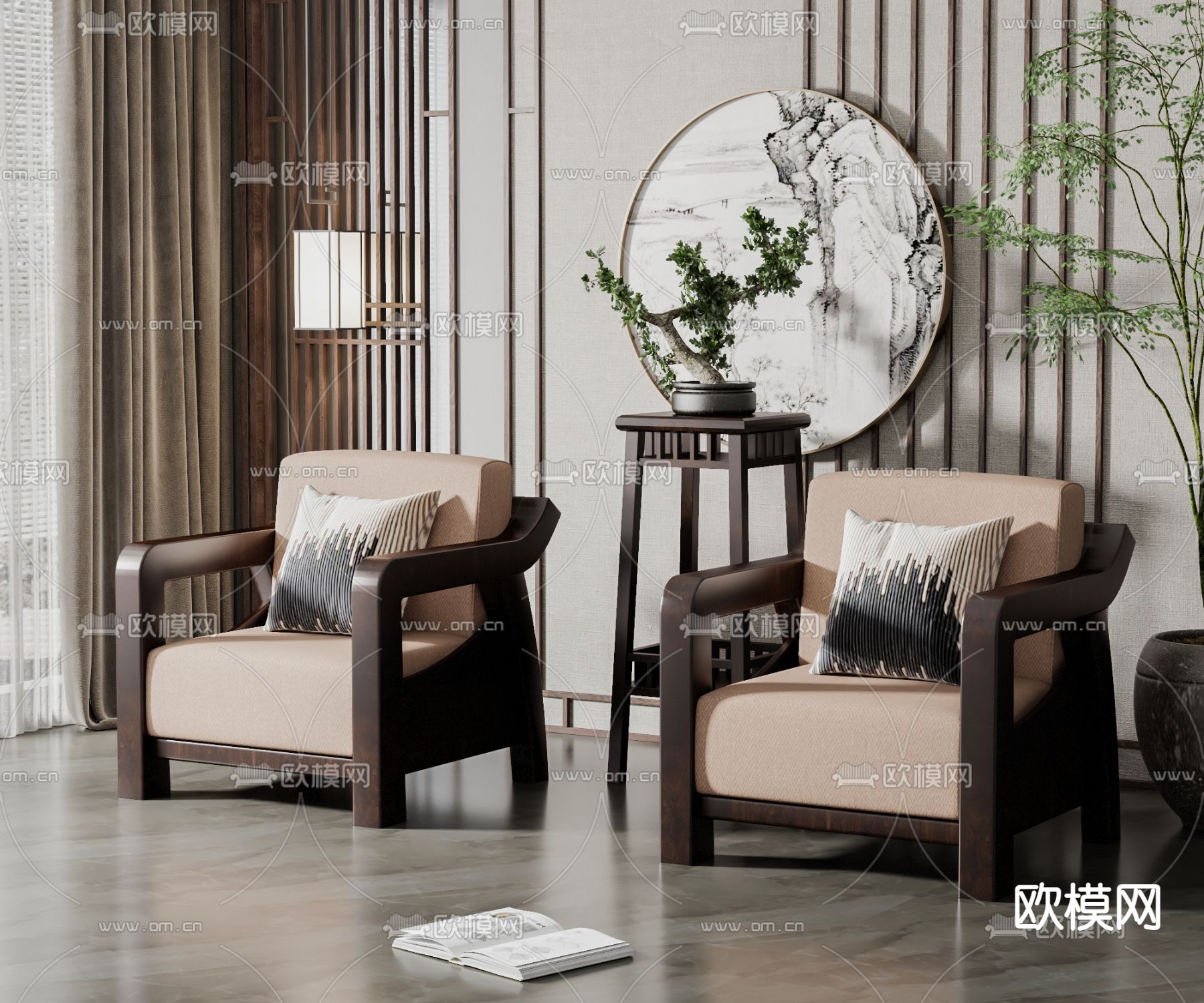 新中式单人沙发3d模型下载