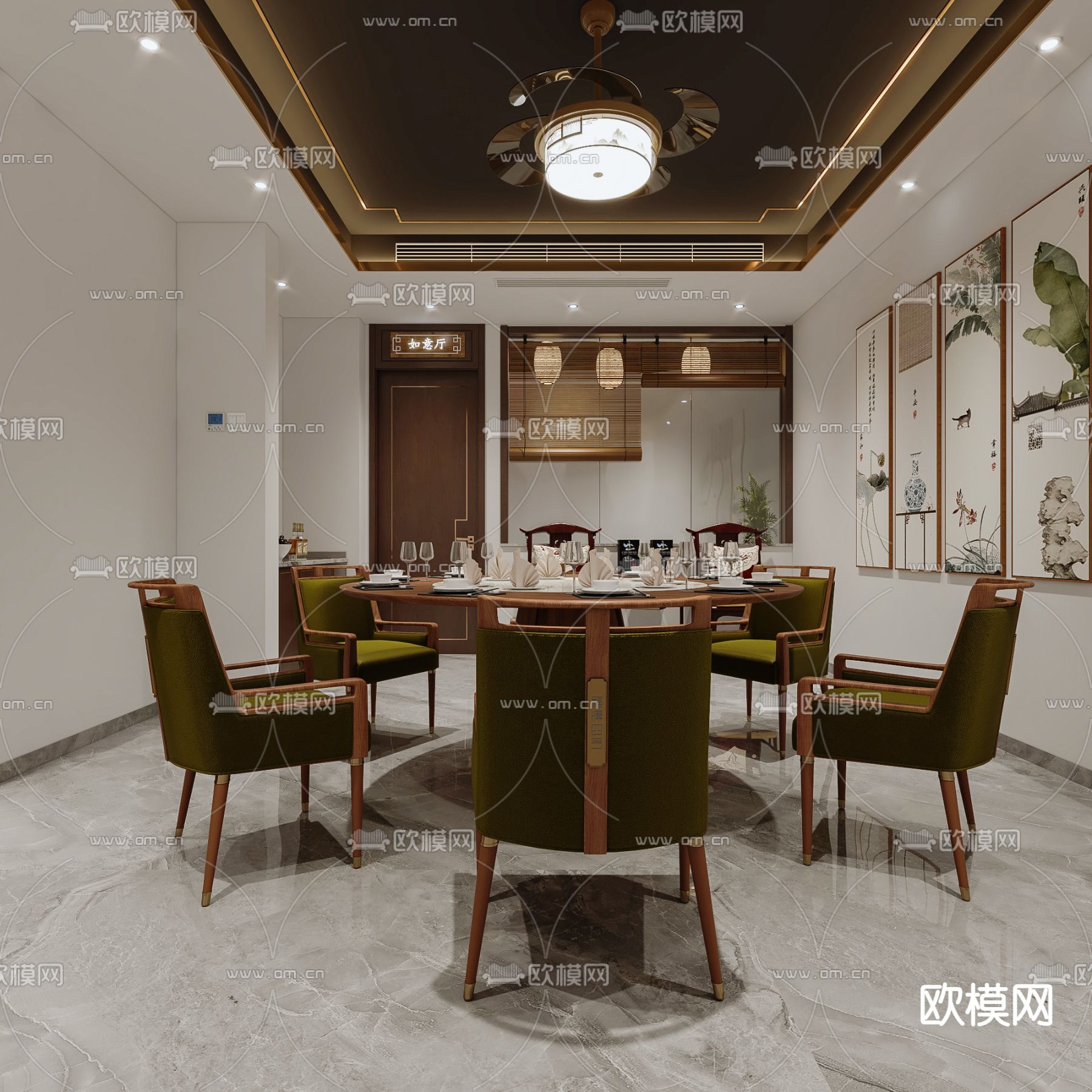 新中式酒楼餐厅包间3d模型下载（渲染图3）