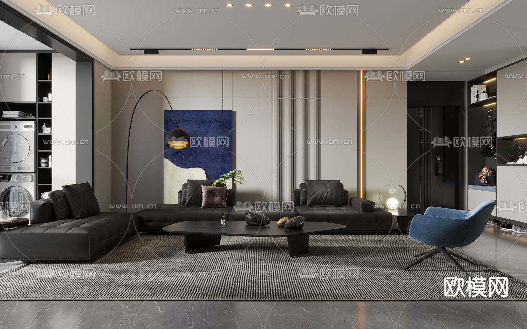 现代高级灰客厅餐厅3d模型