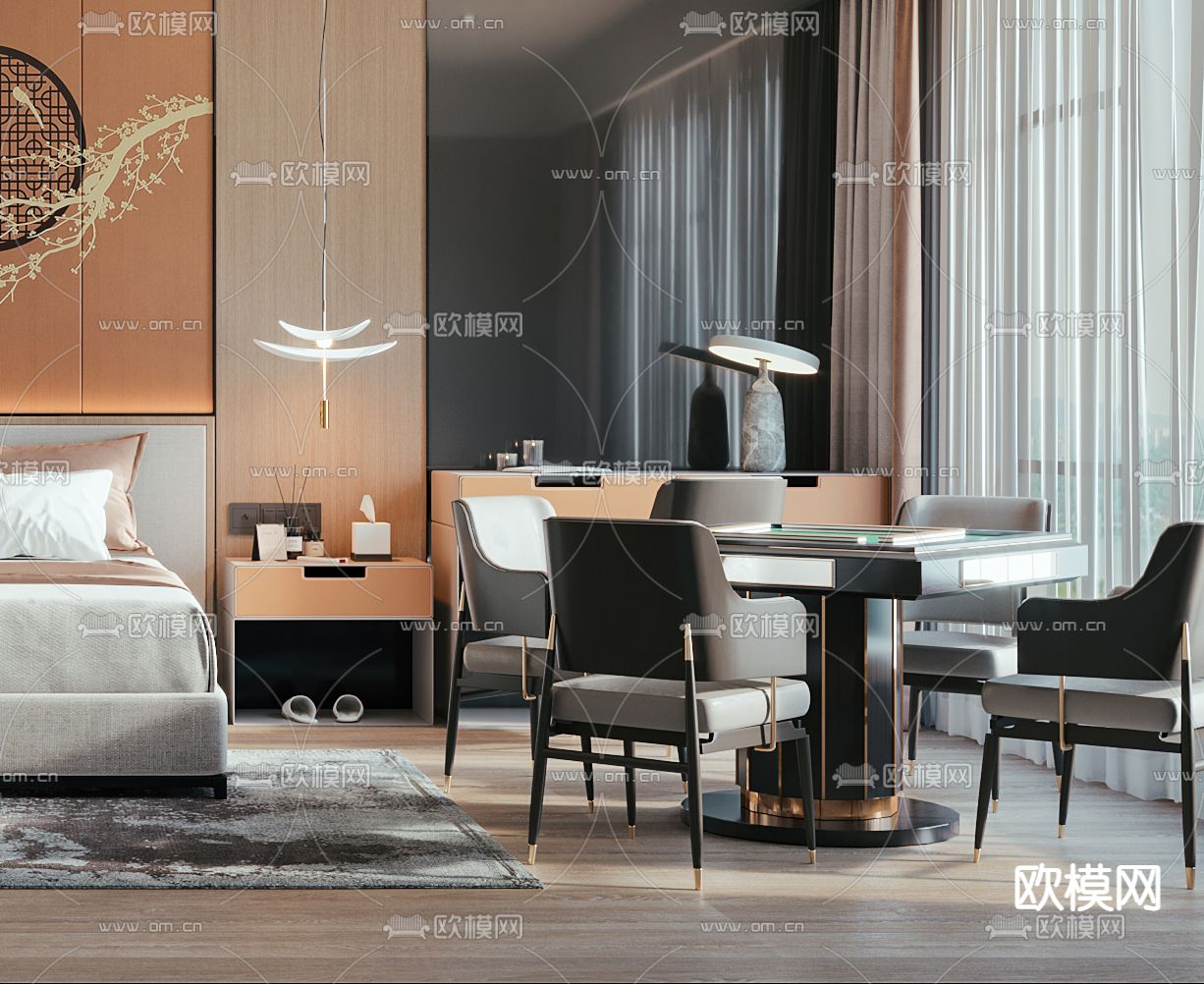 新中式酒店麻将客房3d模型下载（渲染图3）