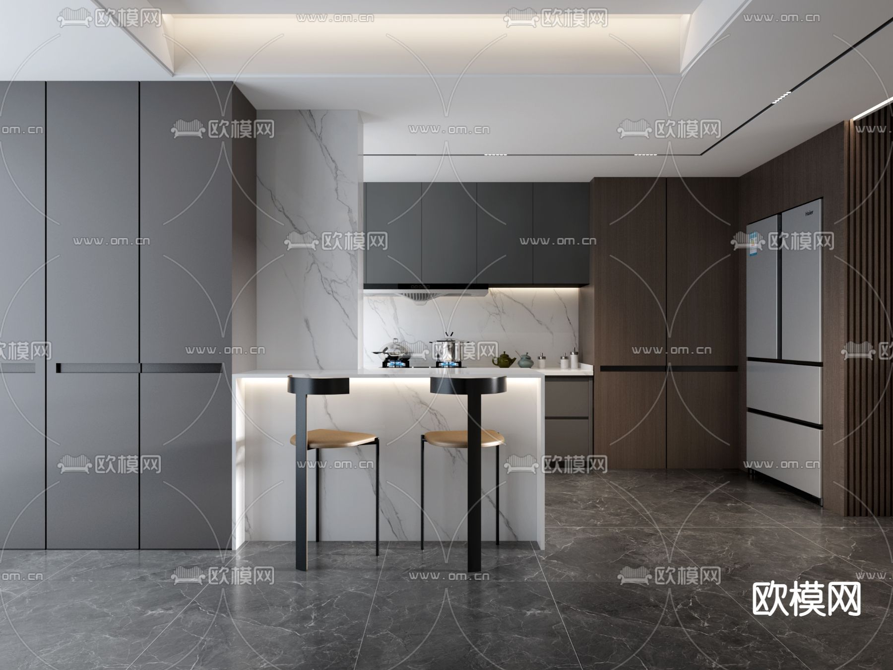 现代轻奢客厅餐厅3d模型