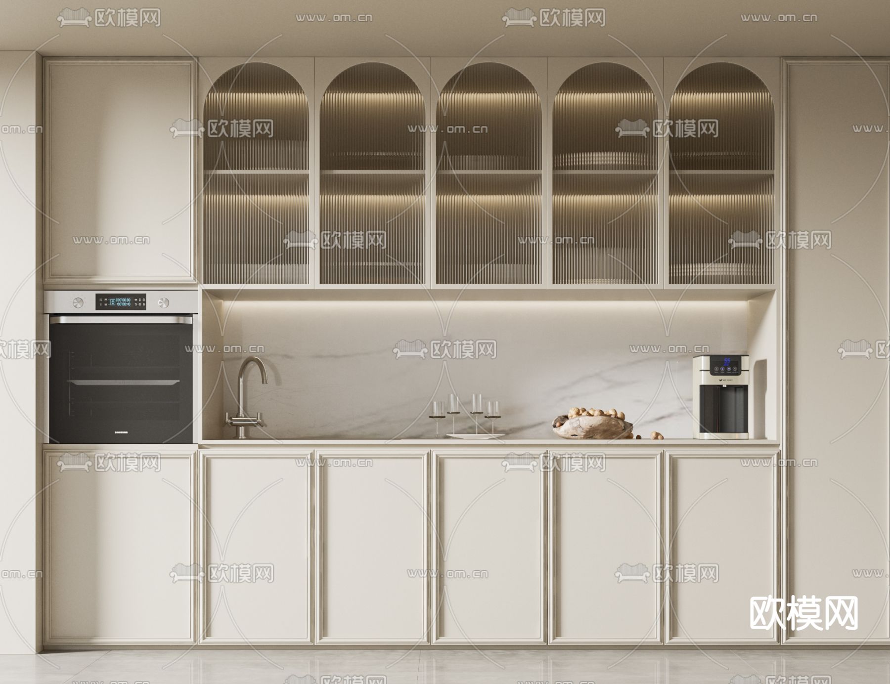 奶油风厨房橱柜3d模型下载