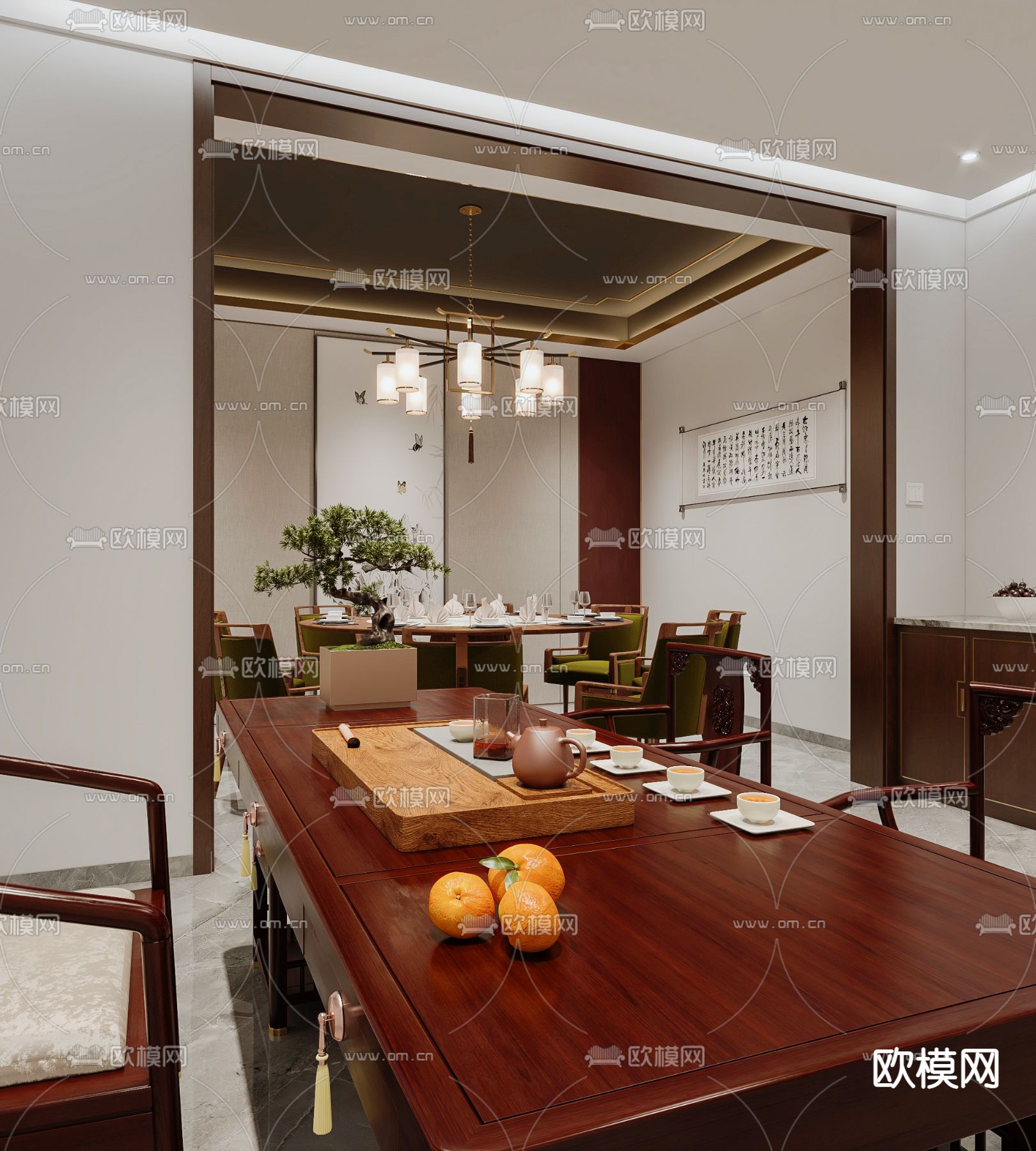 新中式酒楼餐厅包间3d模型下载（渲染图4）
