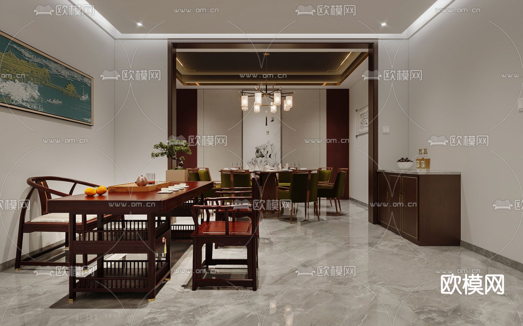 新中式酒楼餐厅包间3d模型下载（渲染图2）