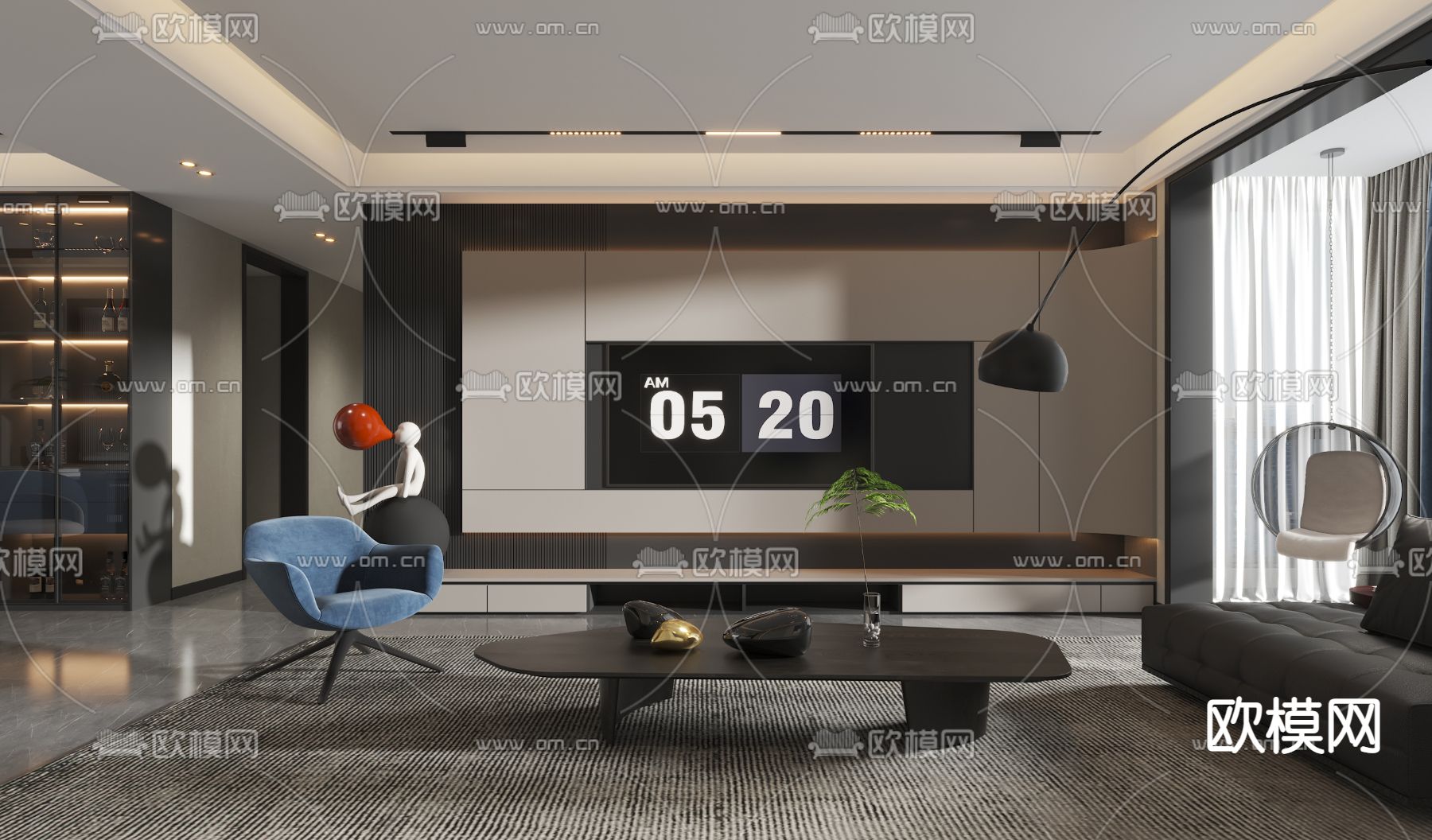 现代高级灰客厅餐厅3d模型