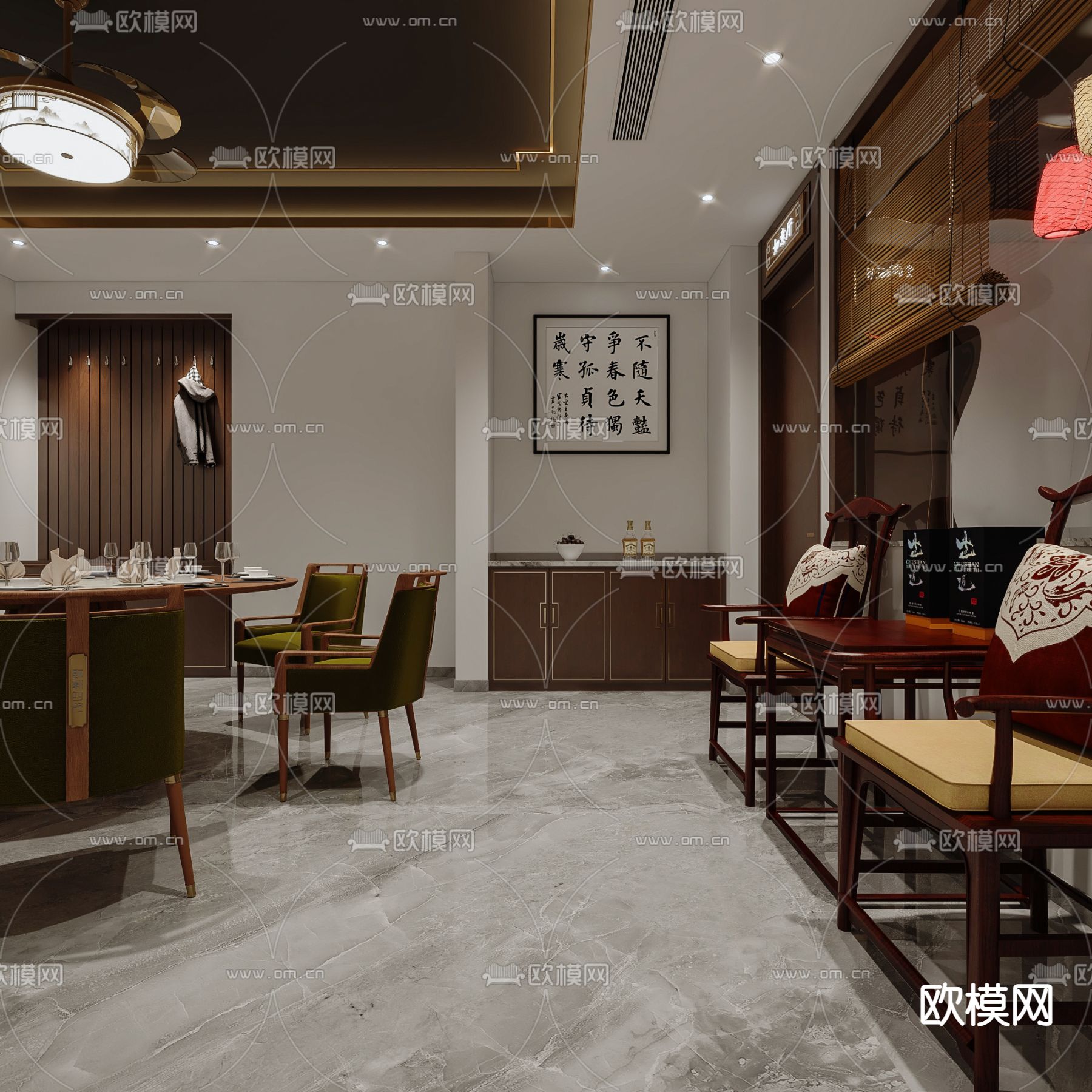 新中式酒楼餐厅包间3d模型下载（渲染图1）