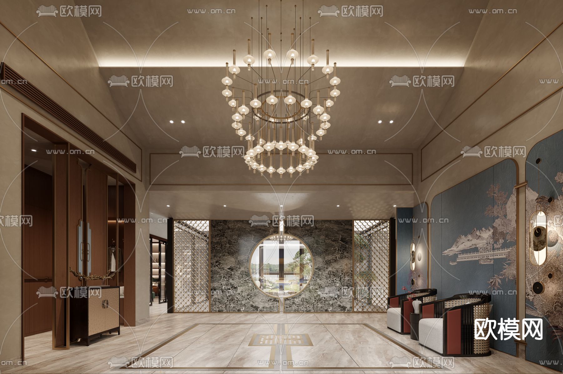 新中式酒店大堂休息区3d模型下载
