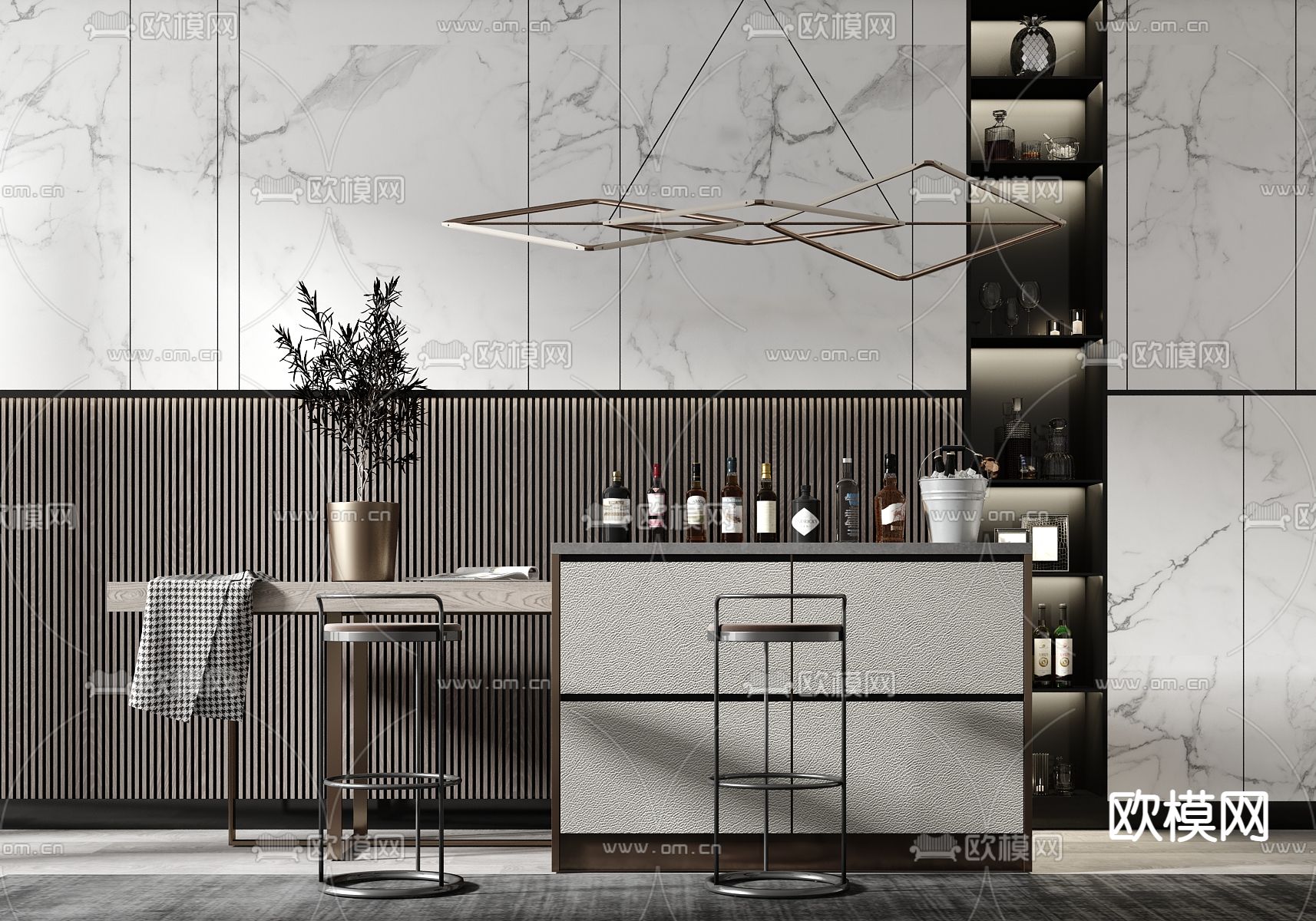 现代中岛吧台吧椅3d模型下载