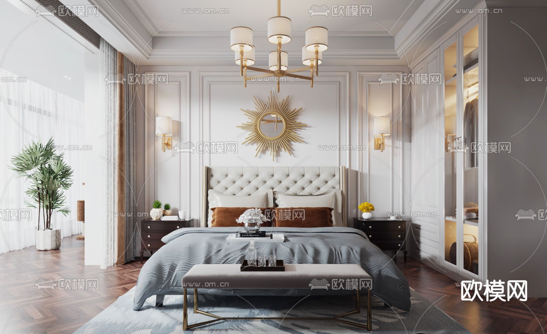 美式卧室主人房3d模型下载