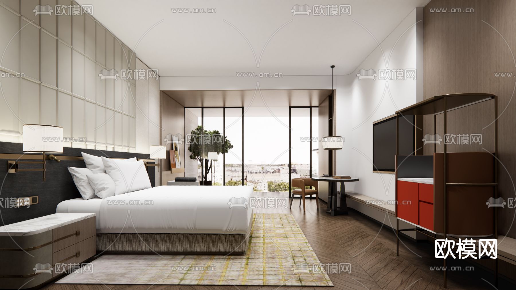 现代酒店客房su模型下载（渲染图1）