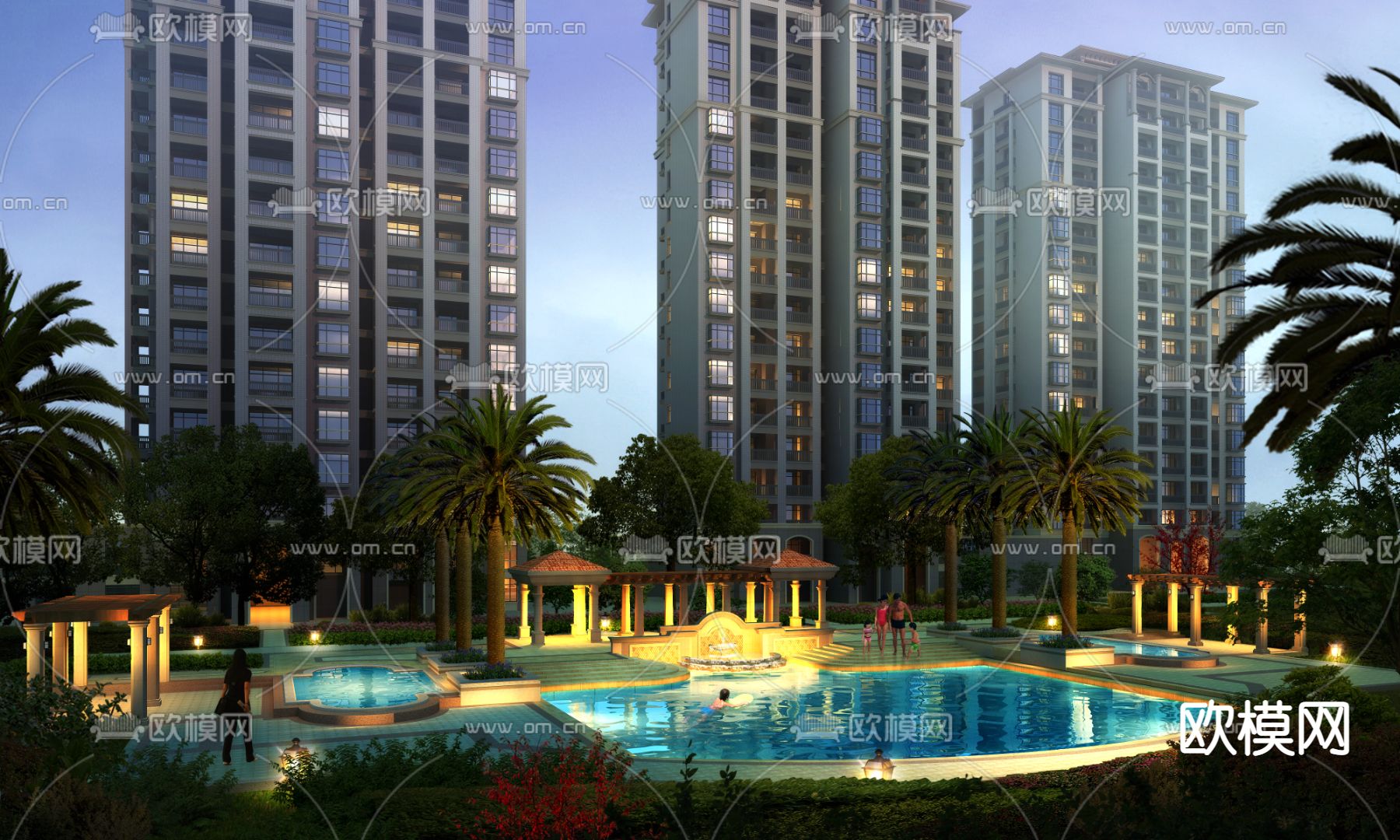 欧式小区景观夜景psd下载