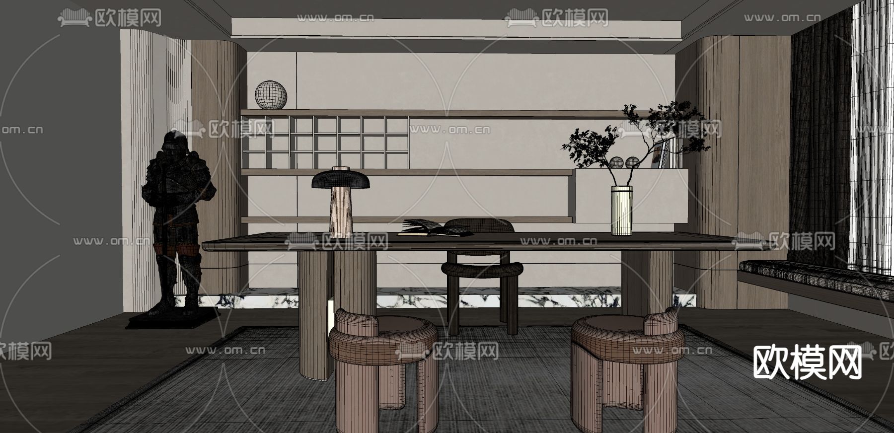 现代奶油风书房su模型下载（渲染图1）