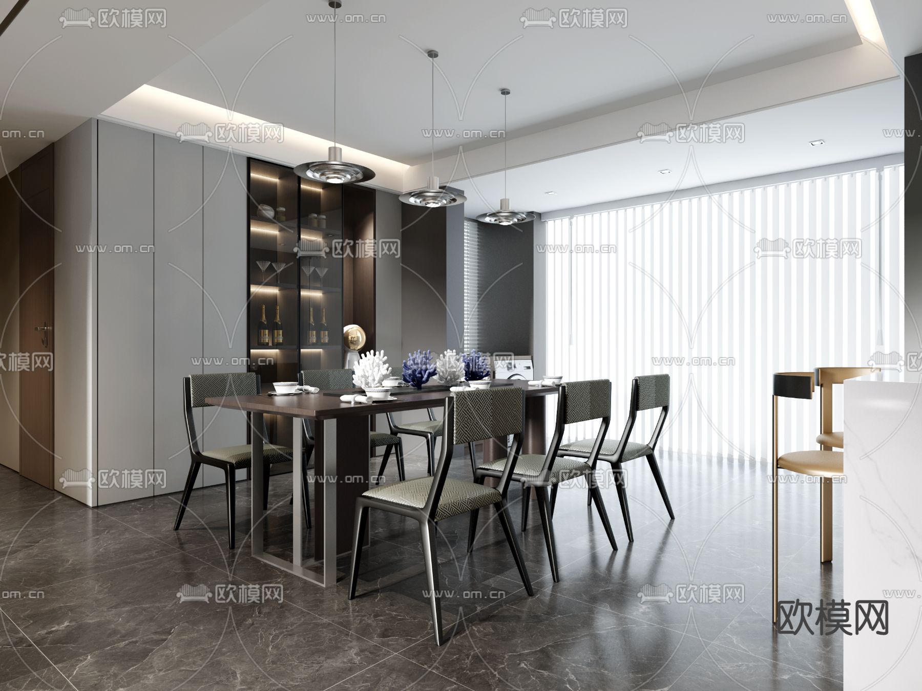 现代轻奢客厅餐厅3d模型