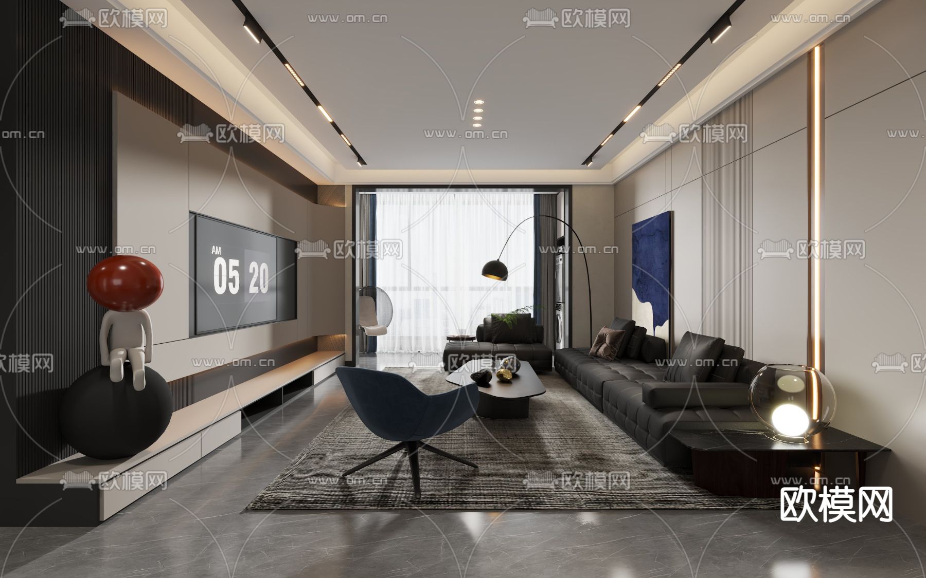 现代高级灰客厅餐厅3d模型