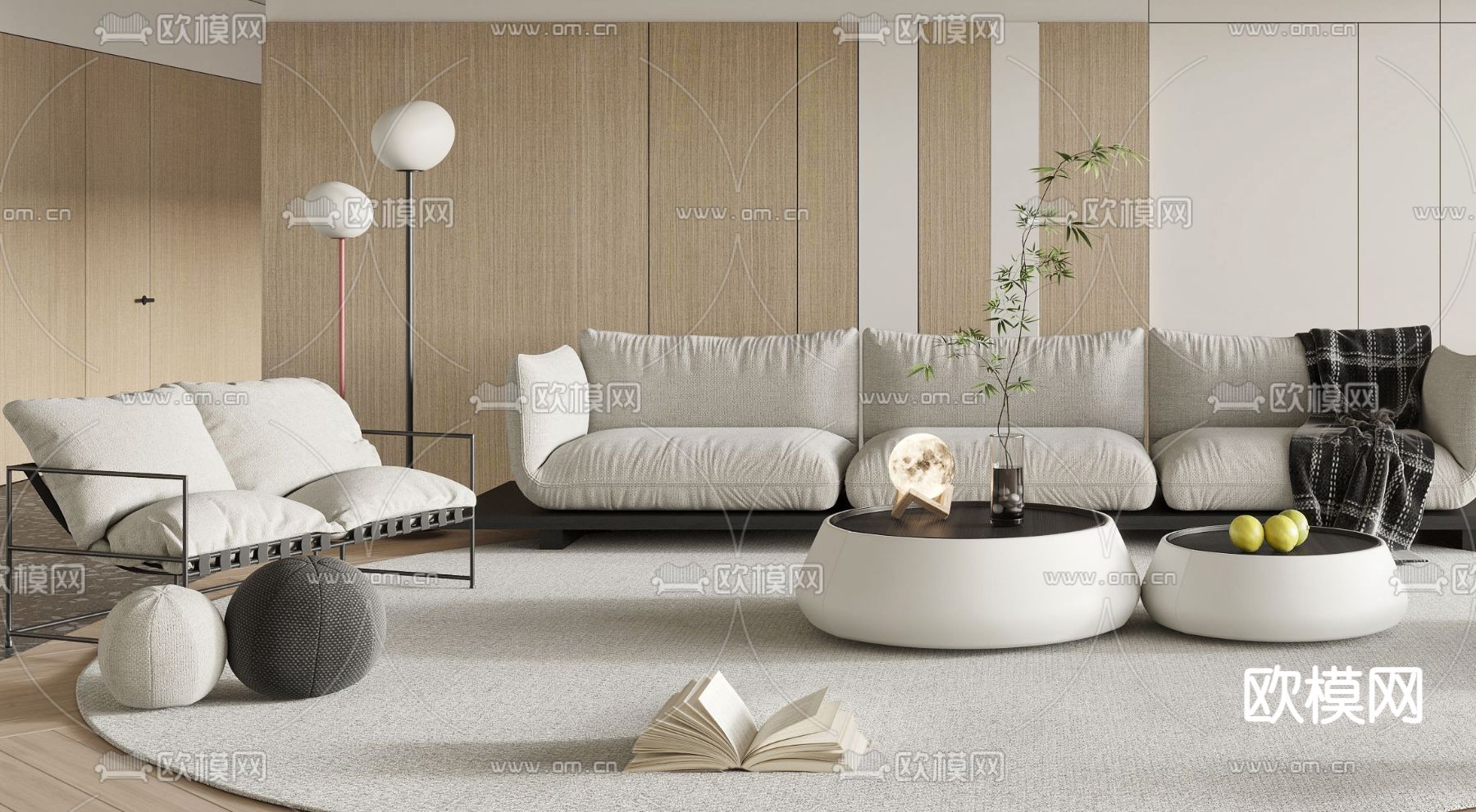 奶油风布艺沙发组合3d模型下载（渲染图2）