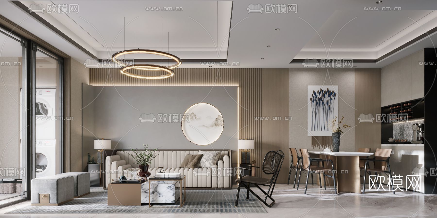 新中式客厅餐厅3d模型下载（渲染图2）