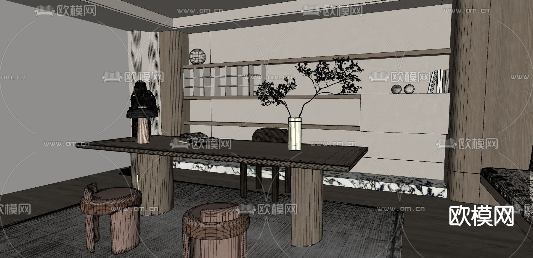 现代奶油风书房su模型下载（渲染图2）