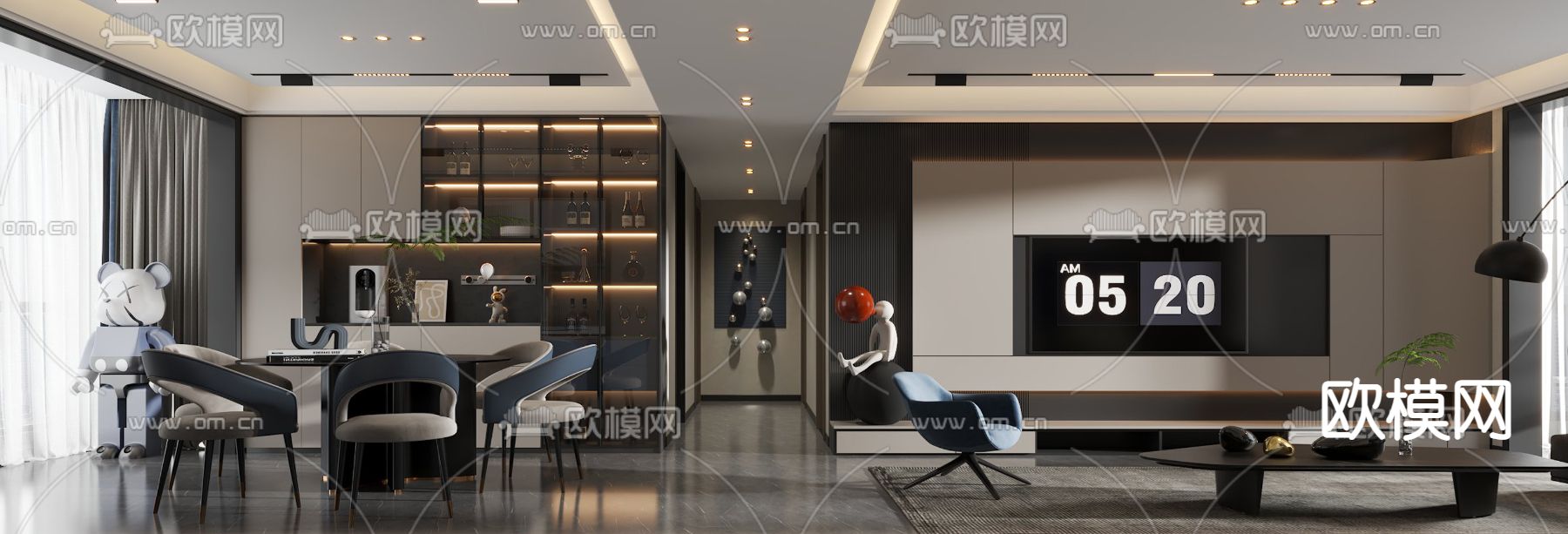 现代高级灰客厅餐厅3d模型
