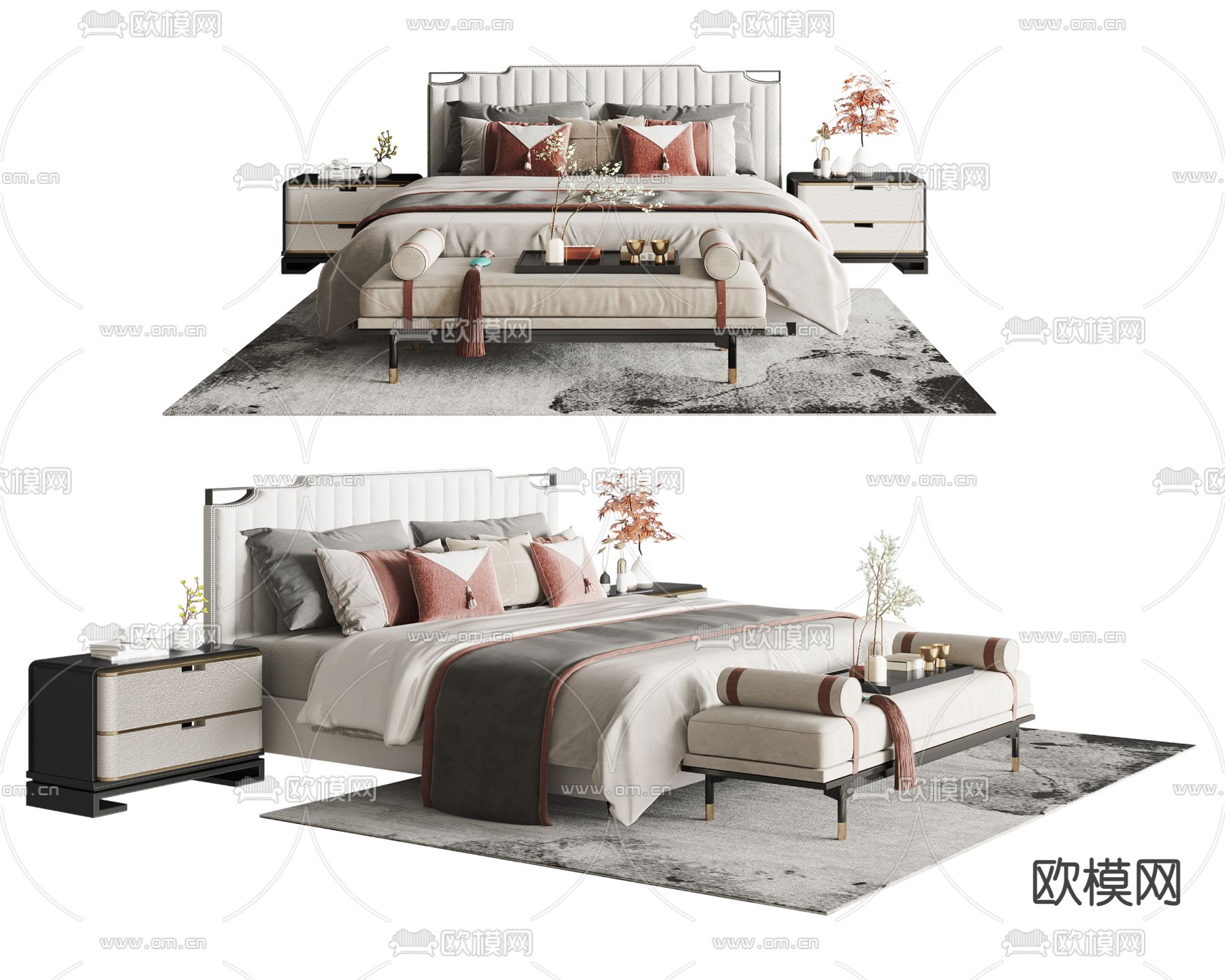 新中式布艺双人床3d模型下载