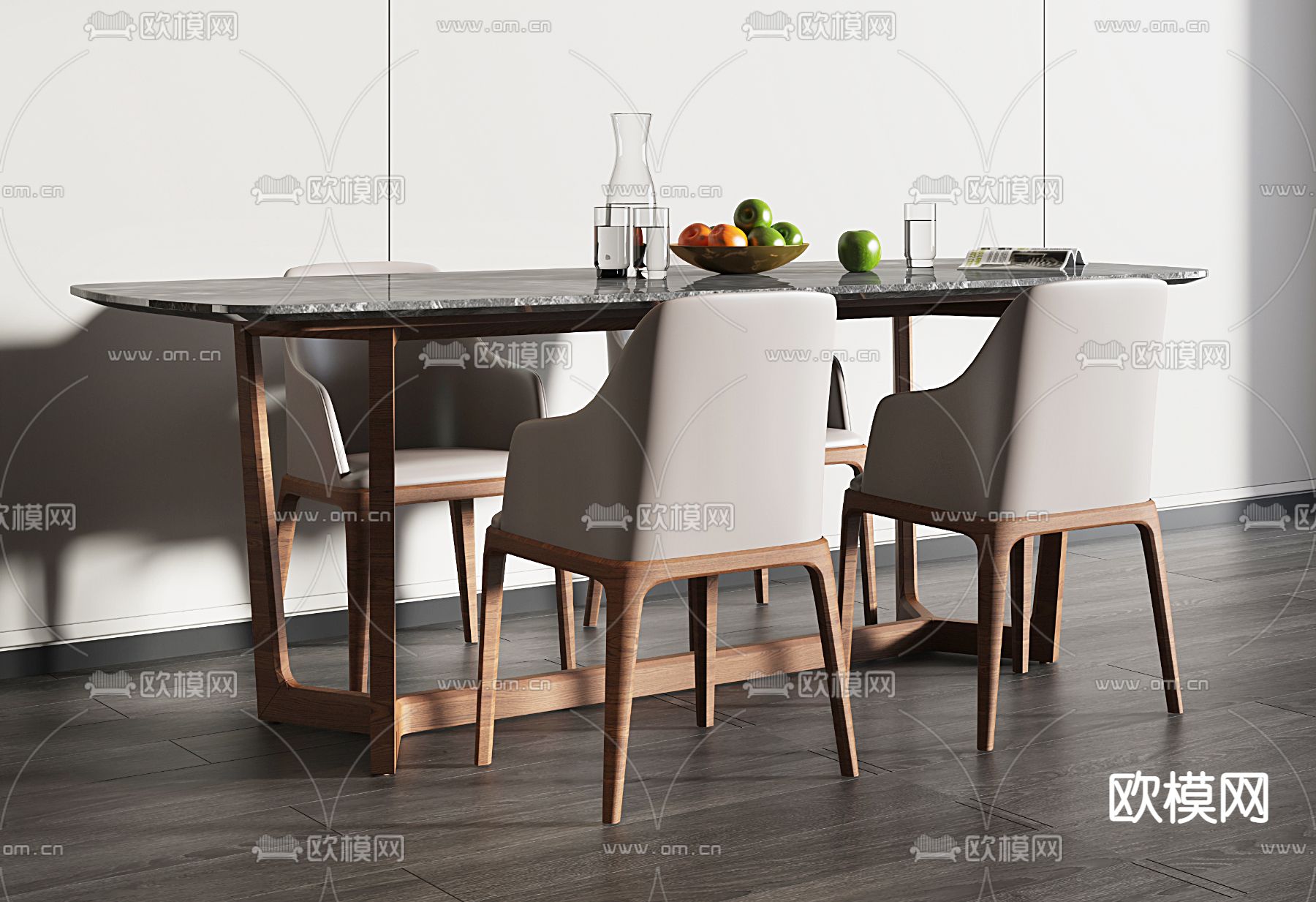 新中式大理石餐桌椅3d模型下载