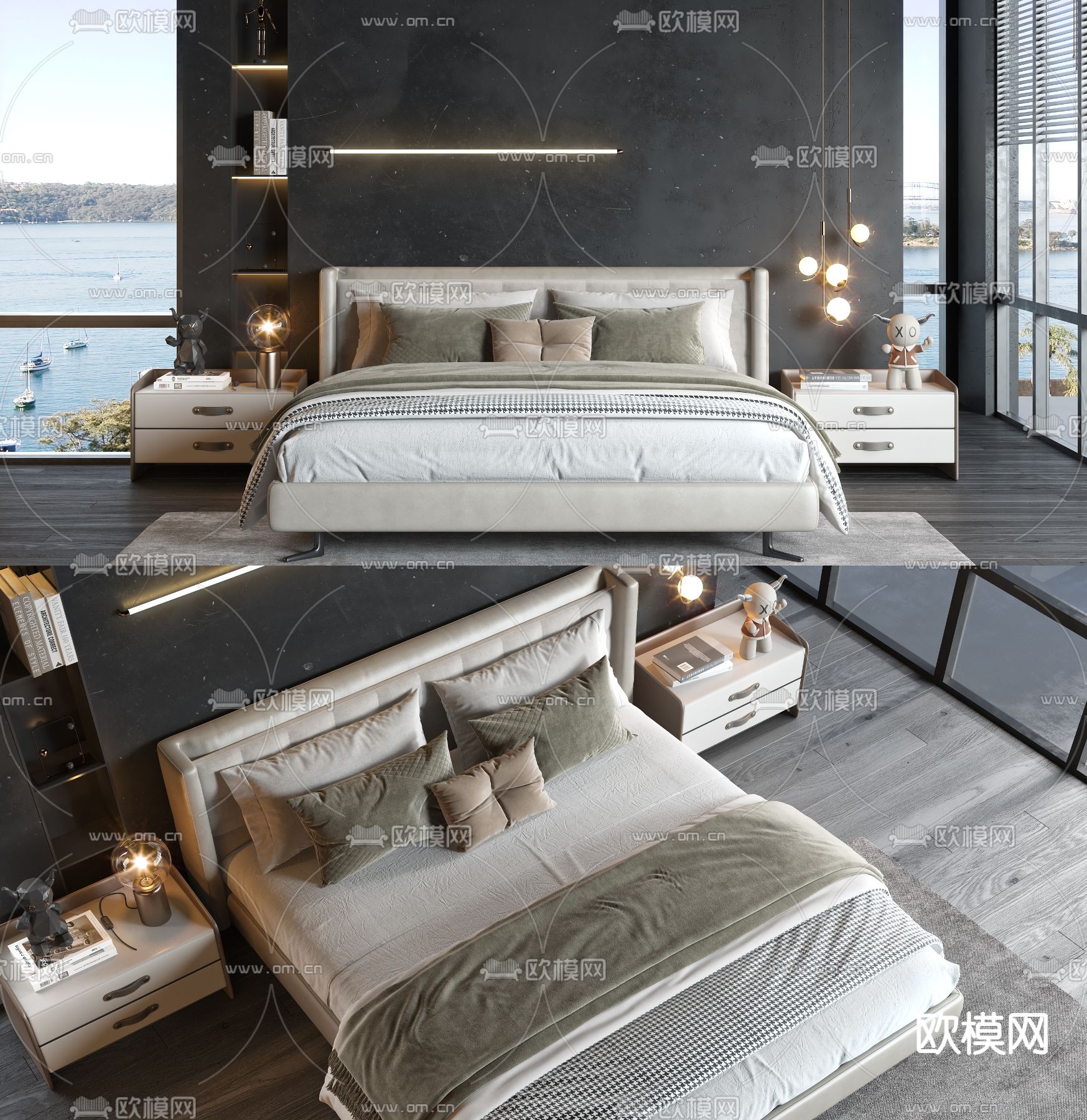 现代双人床3d模型下载（渲染图1）