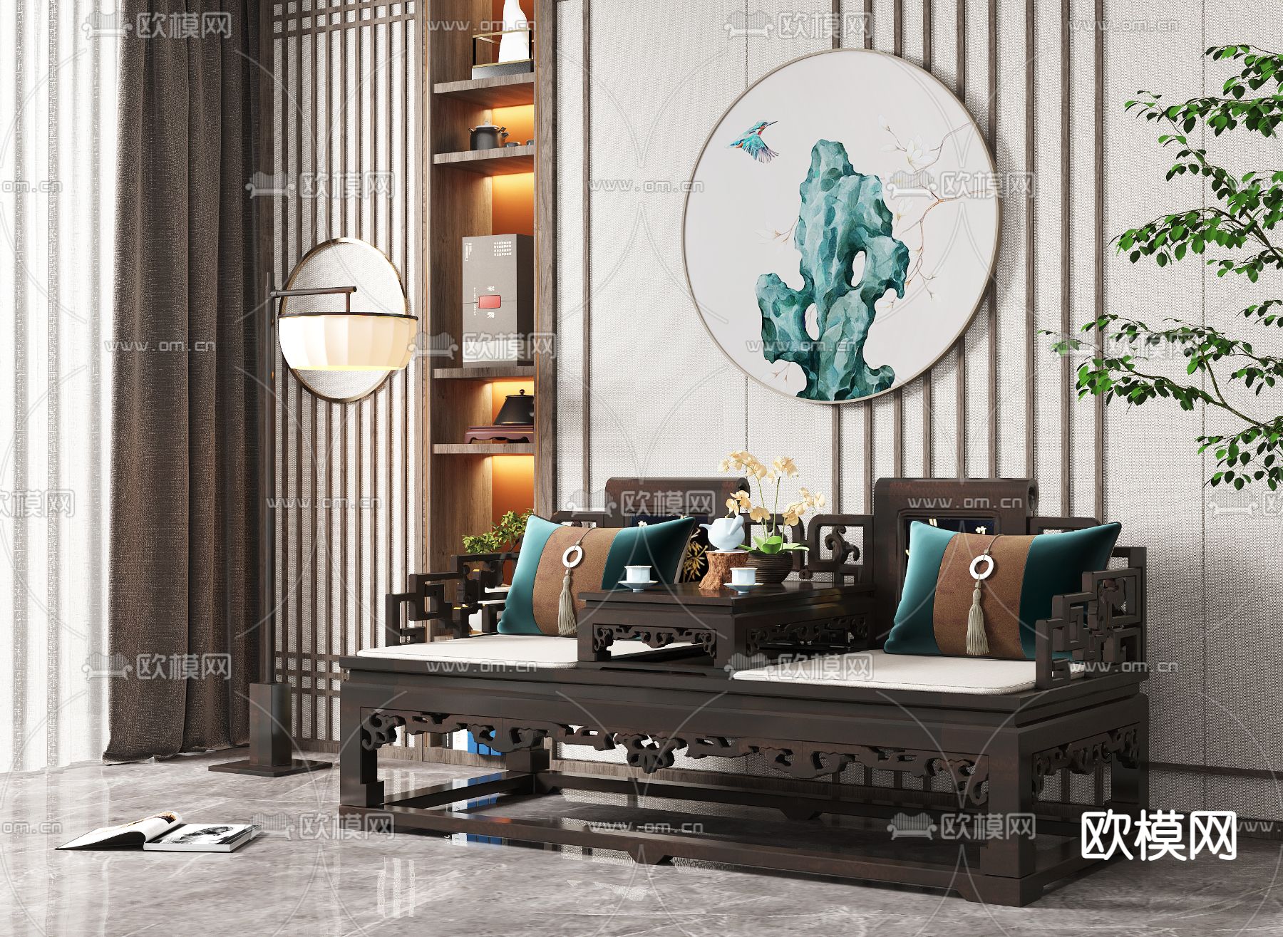 新中式雕花罗汉床3d模型下载