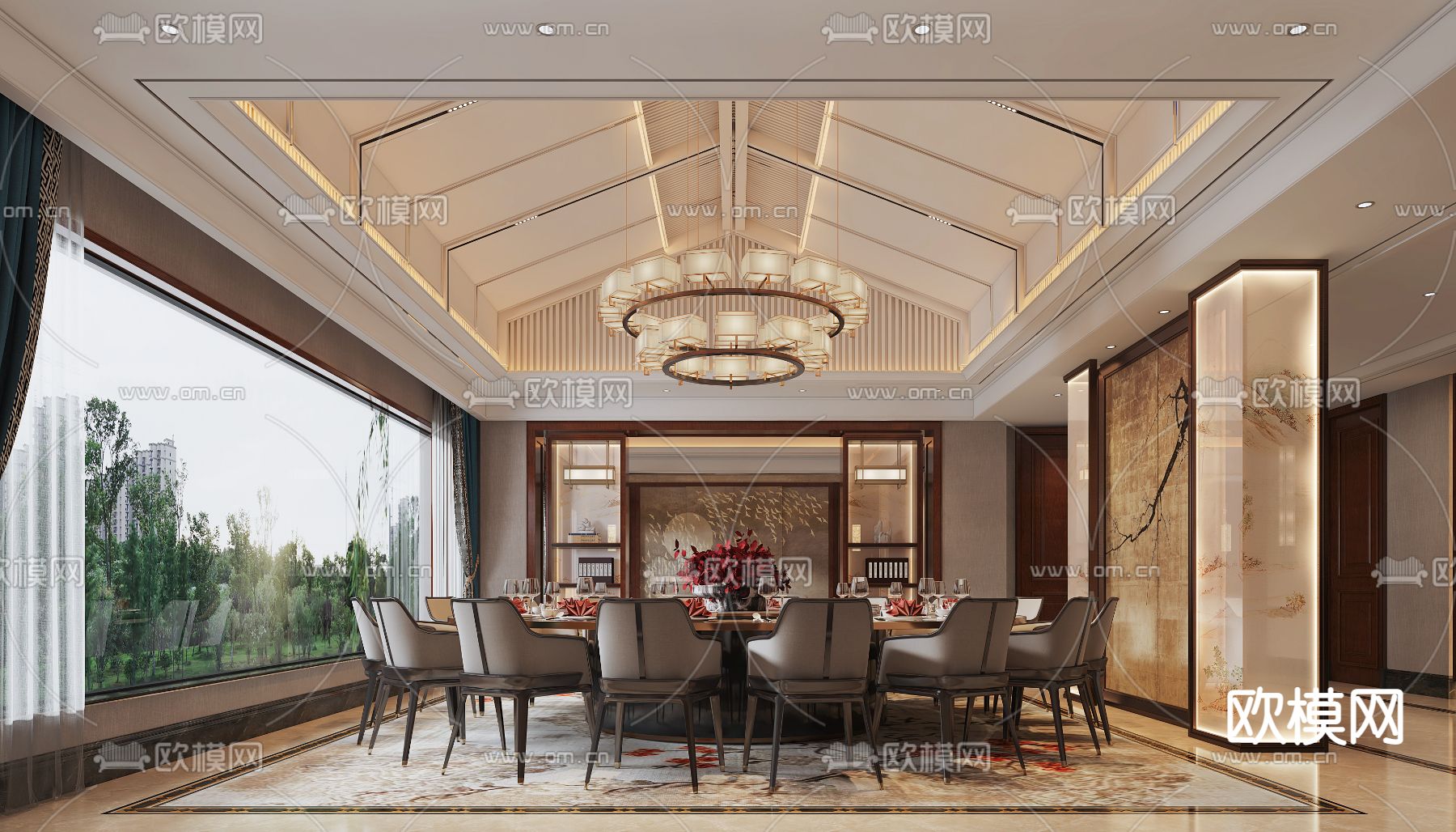 新中式酒店宴会厅3d模型下载（渲染图1）