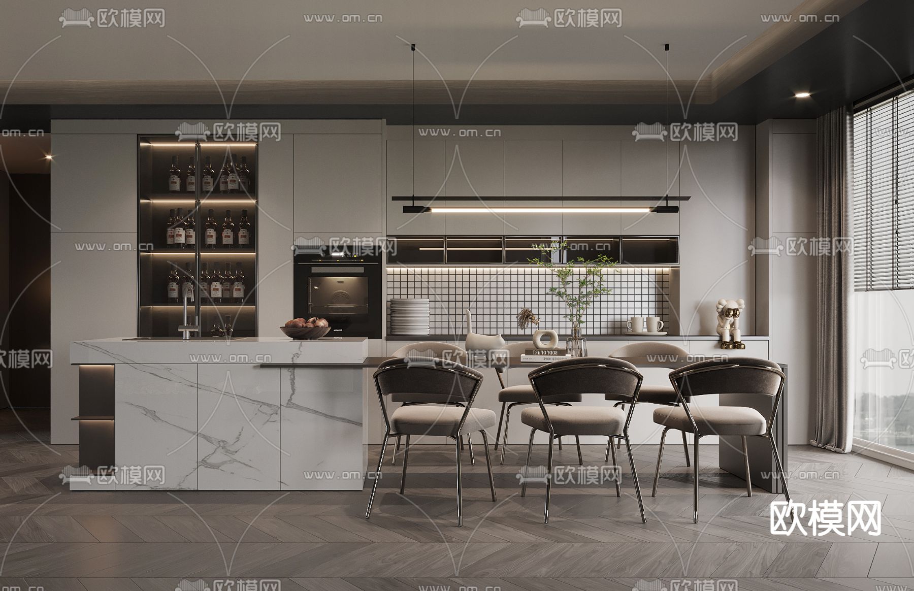 现代高级灰中岛餐厅3d模型下载（渲染图1）
