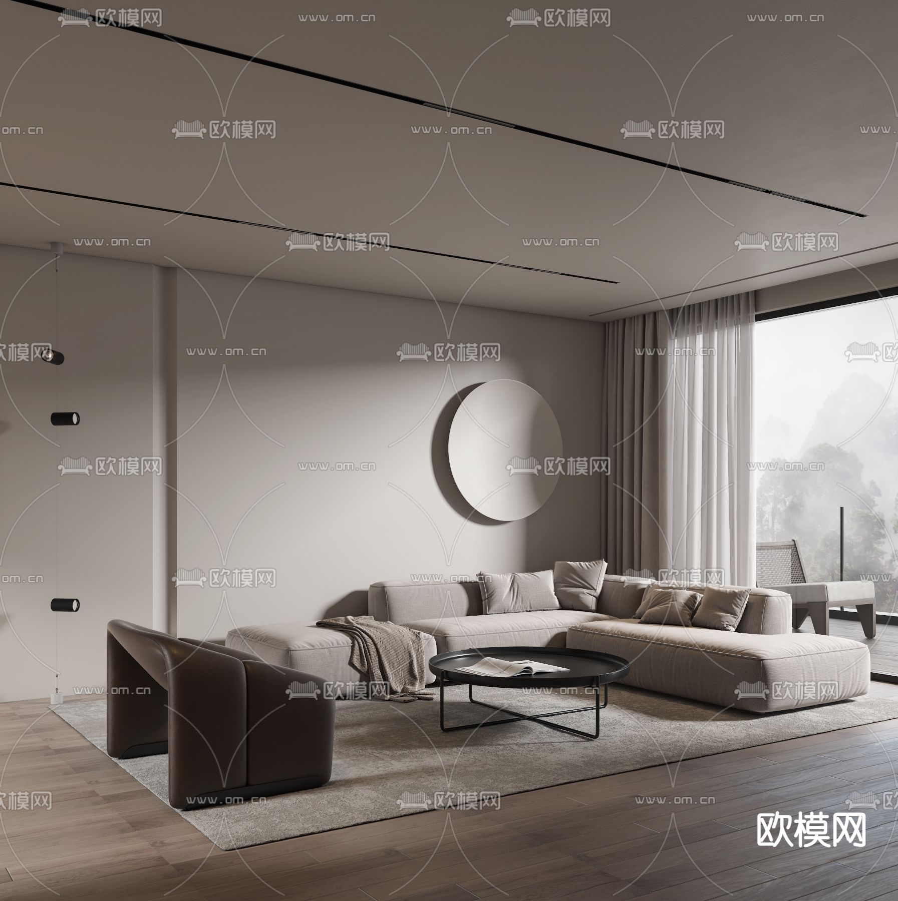 奶油风布艺转角沙发组合3d模型下载_ID11957051_3dmax免费模型-欧模网