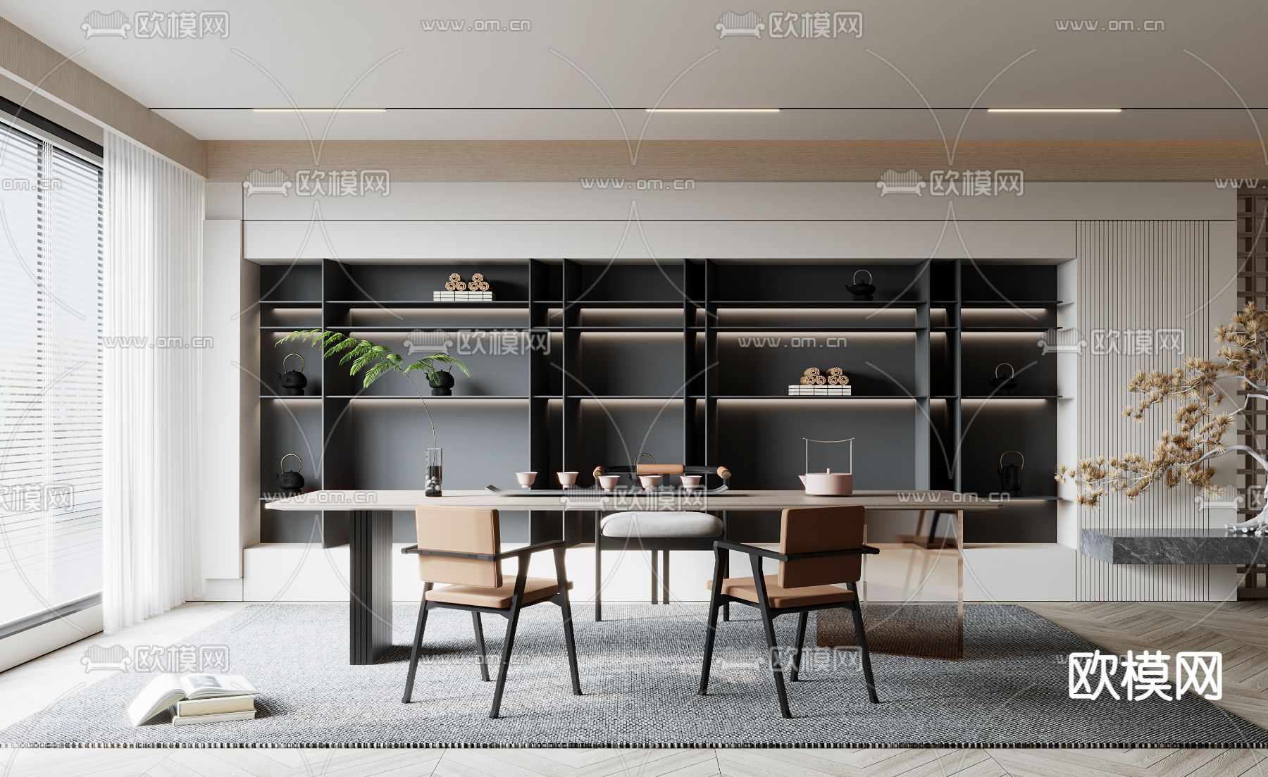 现代茶桌椅su模型下载（渲染图2）