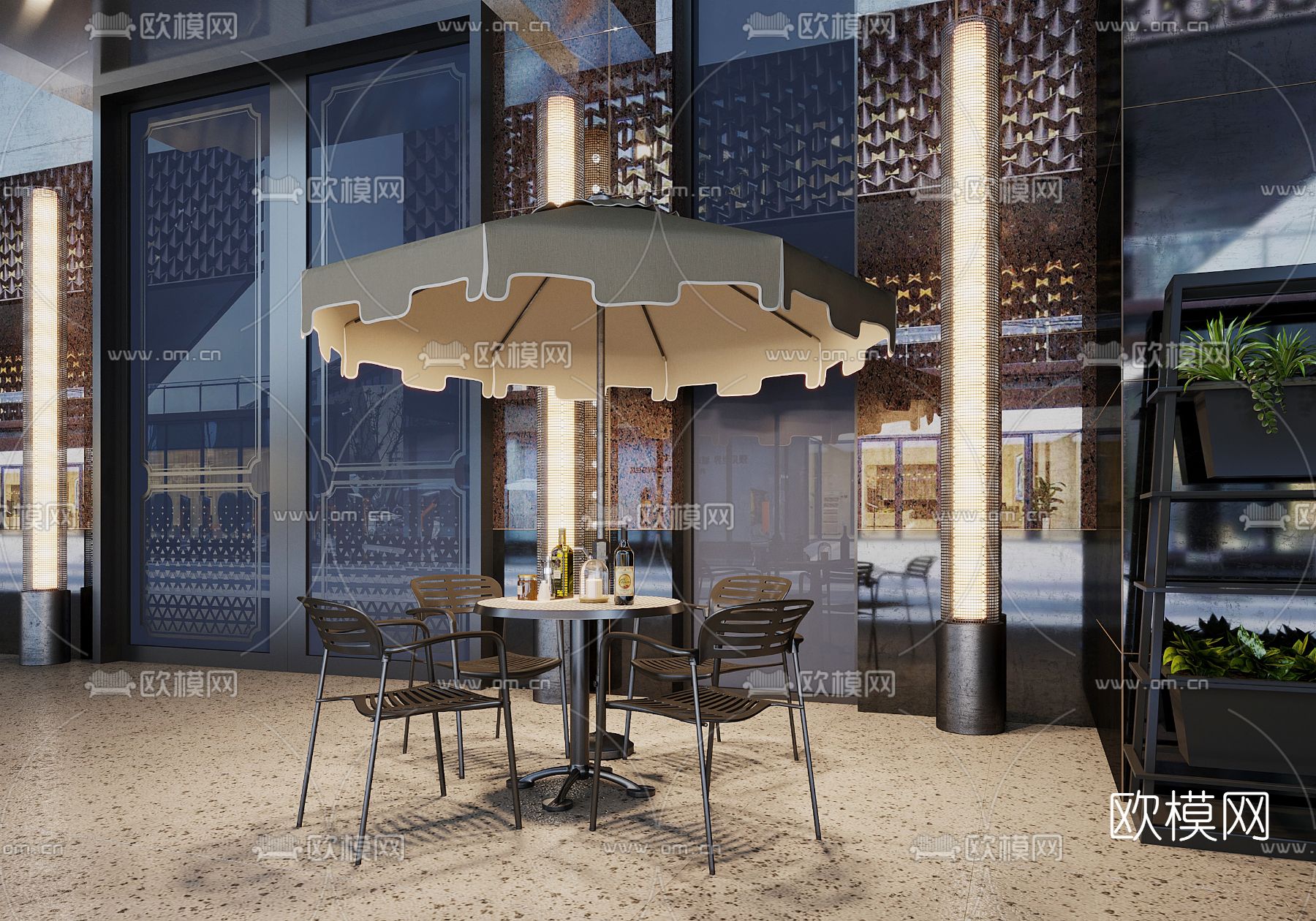 现代遮阳伞户外桌椅3d模型下载