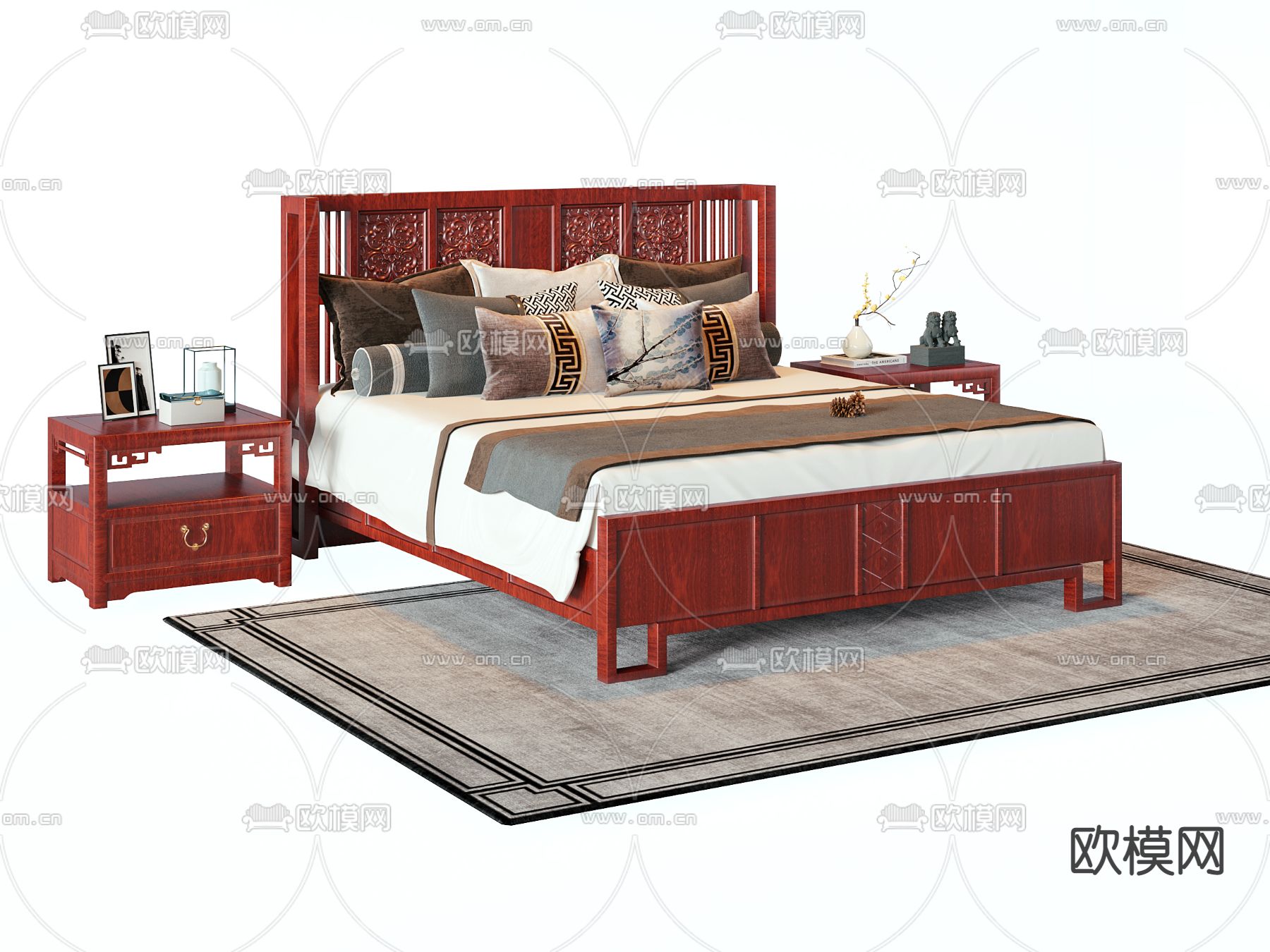 中式雕花双人床3d模型下载