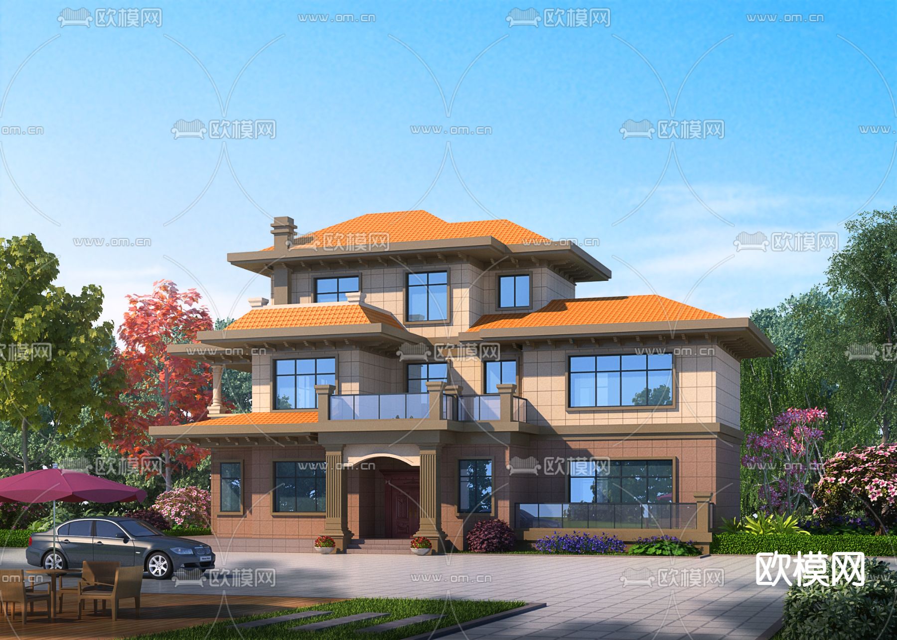 新中式别墅外观3d模型下载