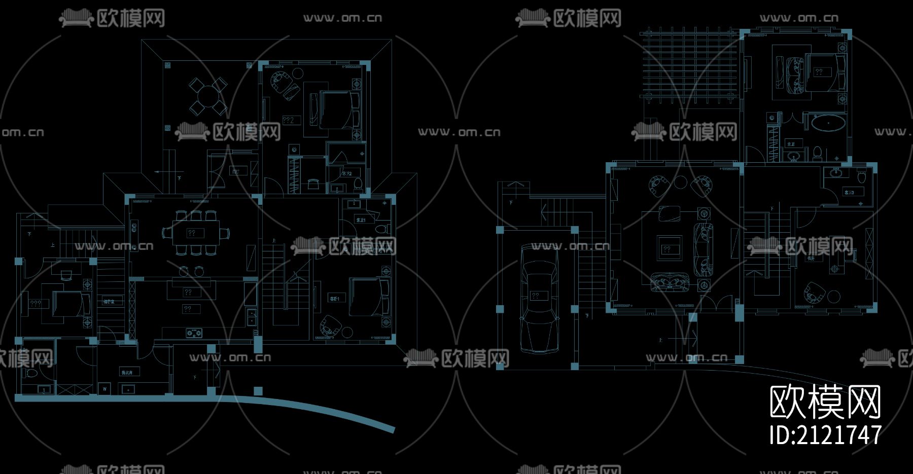 别墅平面方案cad图库下载（渲染图10）