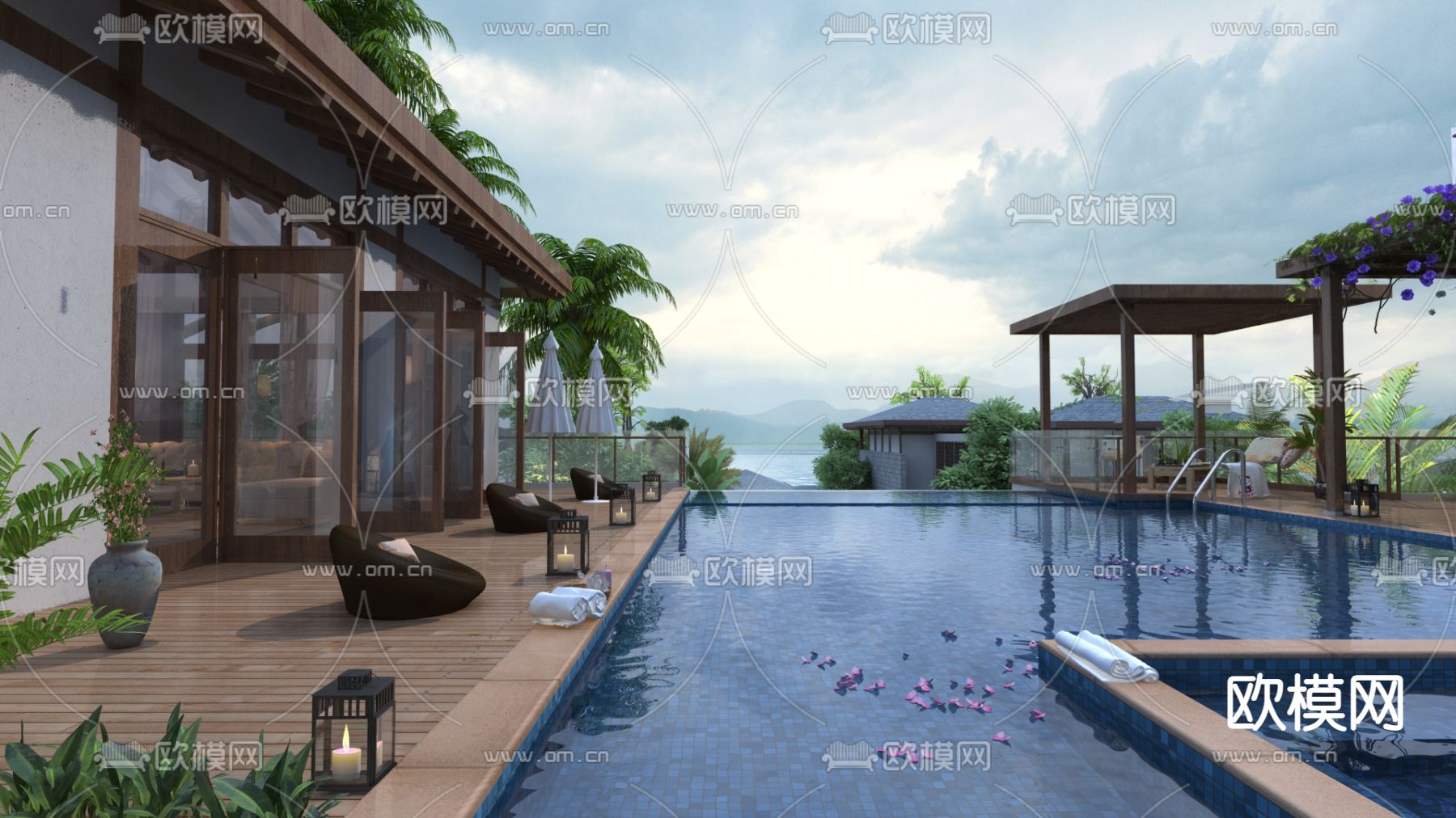 现代屋顶泳池3d模型下载