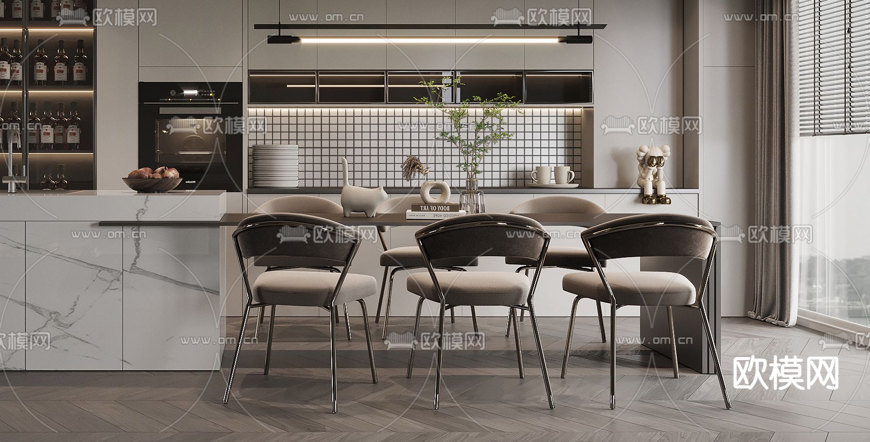 现代高级灰中岛餐厅3d模型下载（渲染图2）